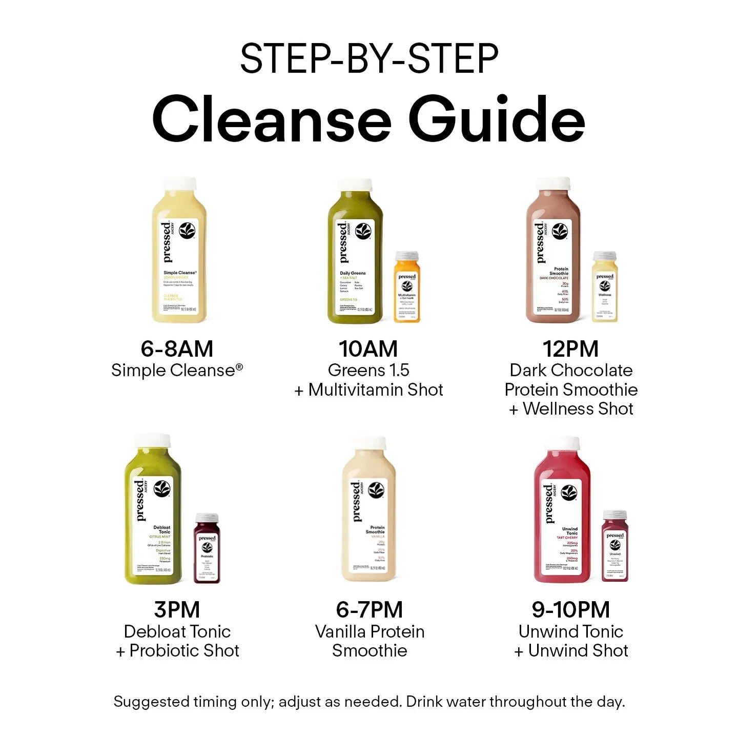 Step-by-step cleanse guide with various drink bottles labeled for different times of the day.