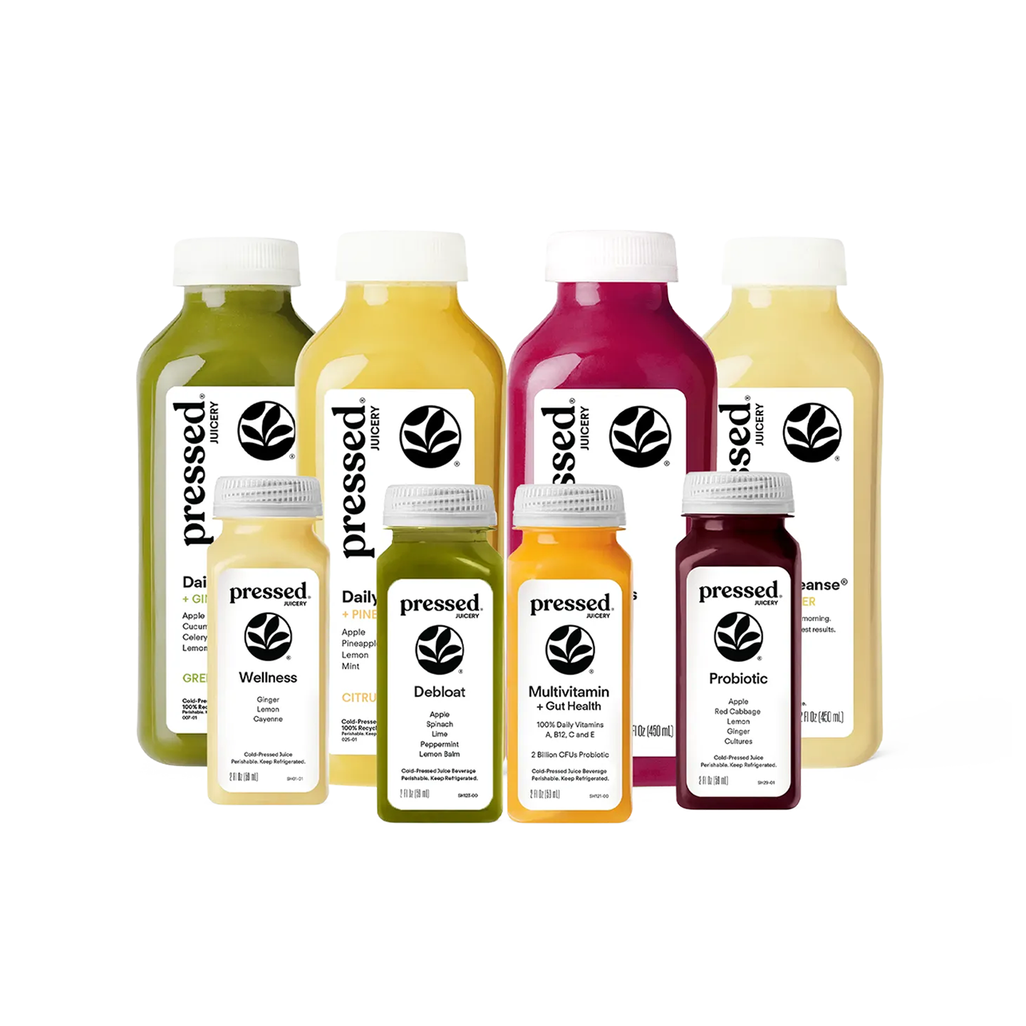 Pressed Juicery 20-Juice + 24-Shot Bestseller Bundle arranged on a white background.