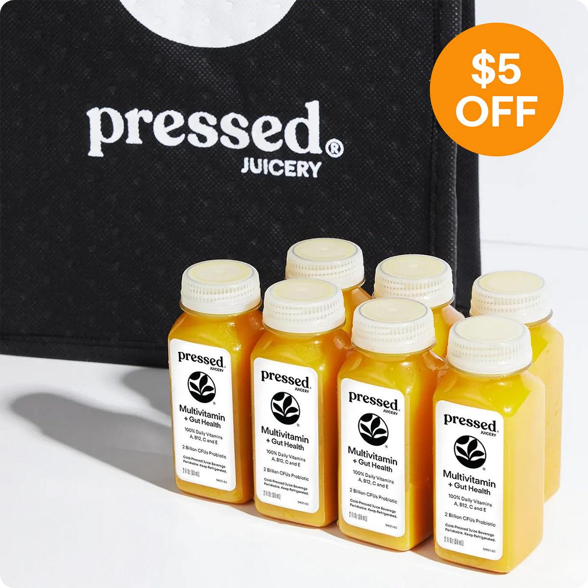 Pressed Juicery Multivitamin + Gut Health Shots with $5 Off promotional badge