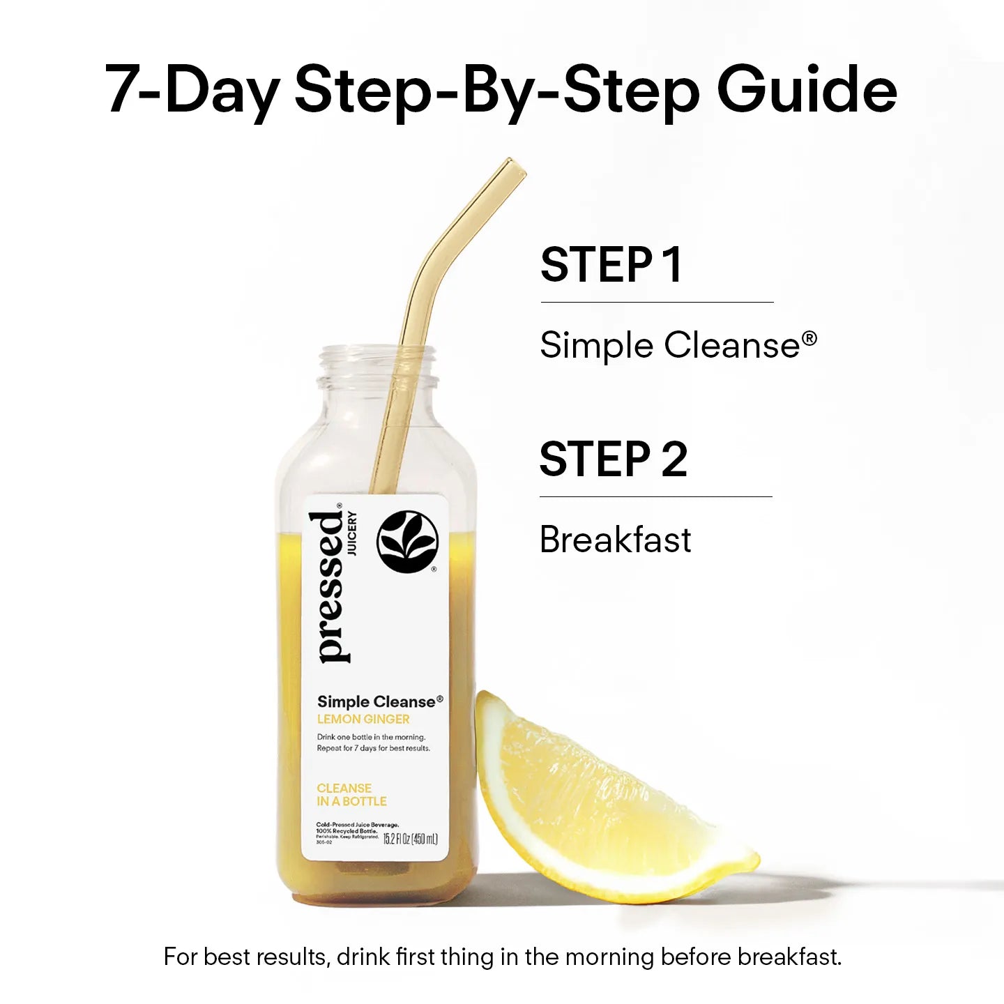Bottle of 'pressed juice' with a straw and lemon wedge, labeled as part of a 7-day step-by-step guide.