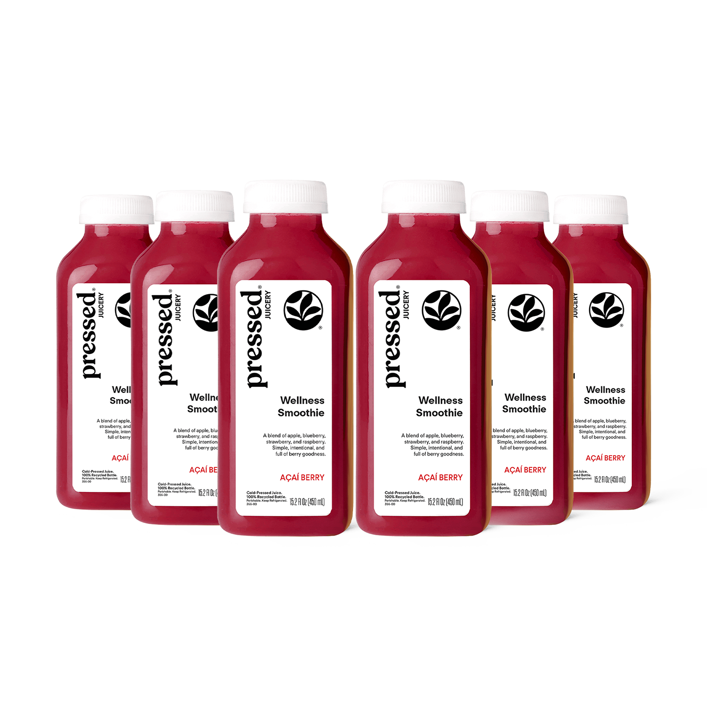Six bottles of pressed wellness 'Wellness Smoothie' in Acai Berry flavor, arranged in a row against a solid white background.