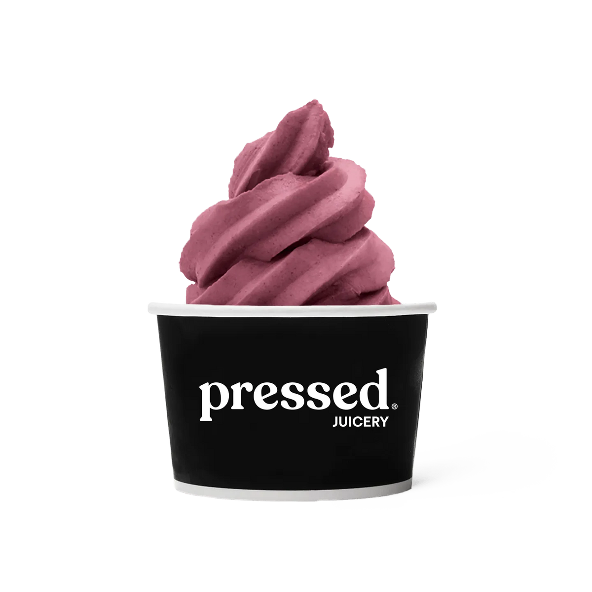 Pressed Juicery Acai Freeze in a black cup on a white background.