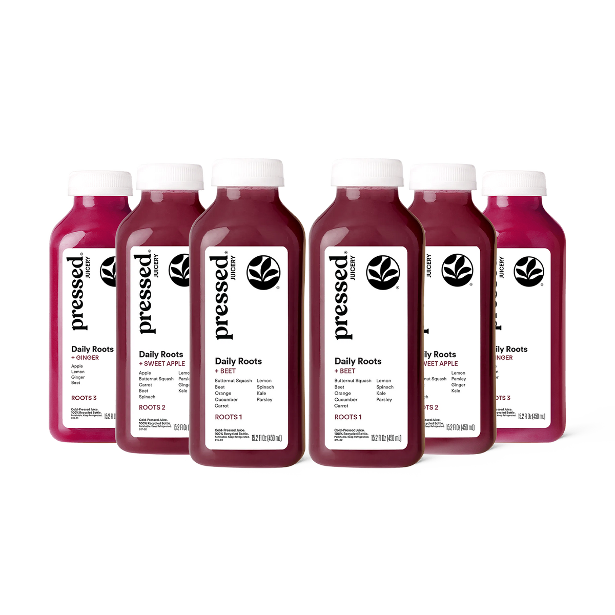 Pressed Juicery Beet Juice Variety 6-Pack featuring two bottles each of Roots 1, Roots 2 + Roots 3.