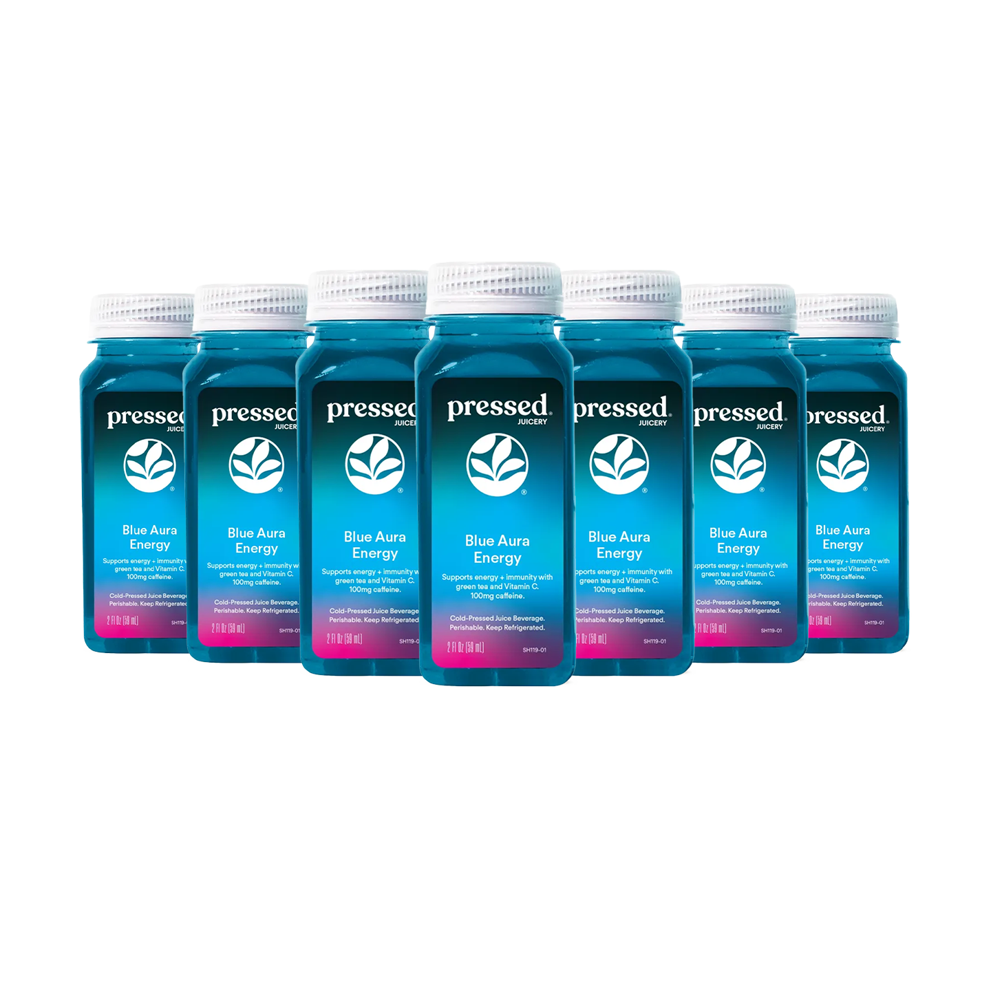 Pressed Juicery Blue Aura Energy Shot 7-Pack on a white background.