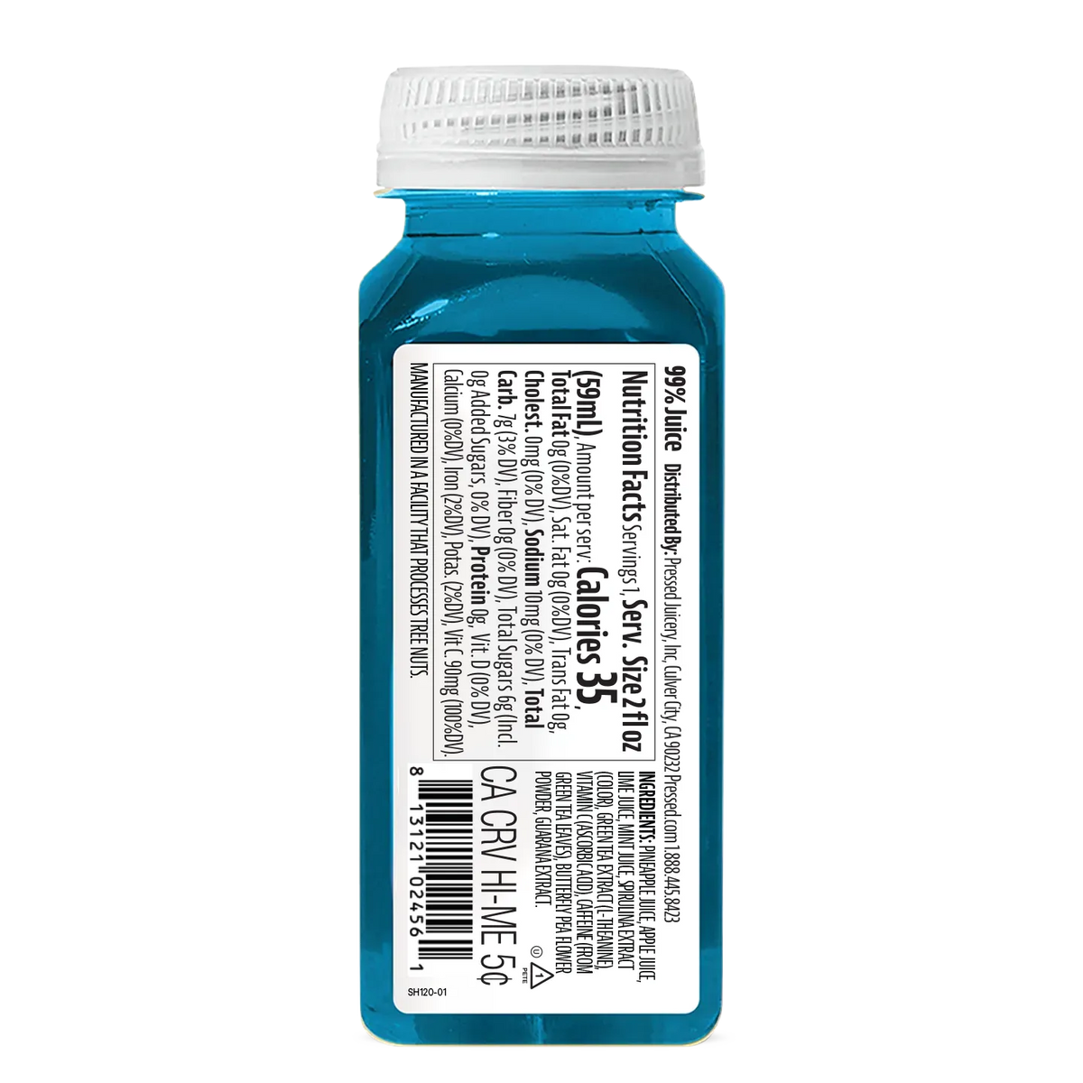 Blue bottle with white cap and nutrition label on a white background