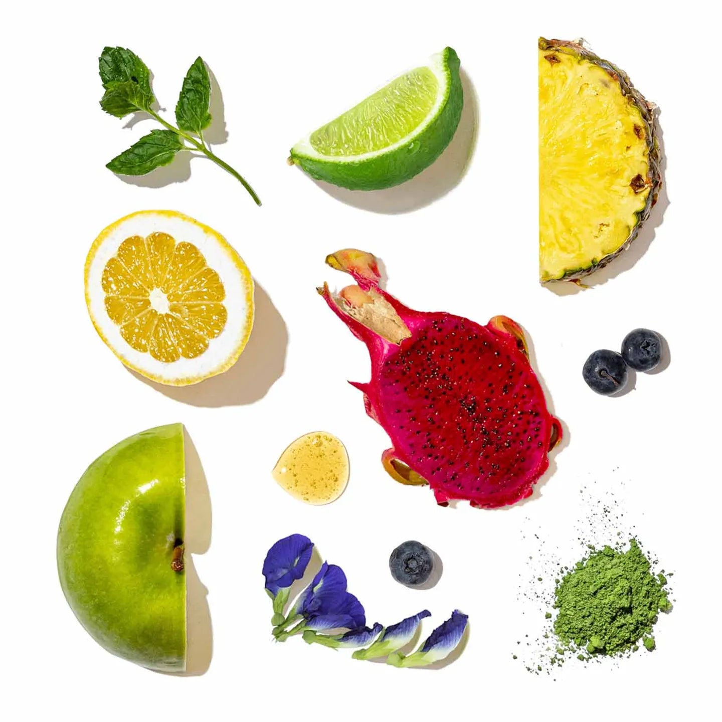 Assorted fruits and vegetables on a white background