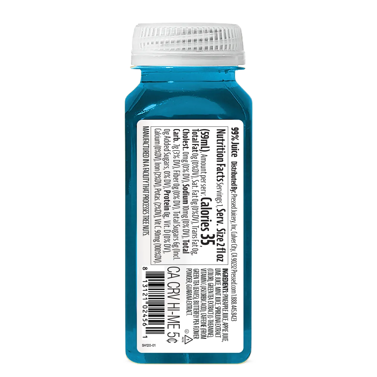 Blue bottle with white cap and nutrition label on a white background