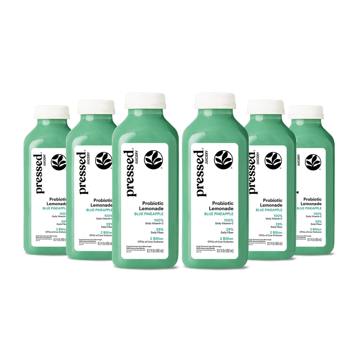 Multiple bottles of pressed Probiotic Lemonade Blue Pineapple on a white background