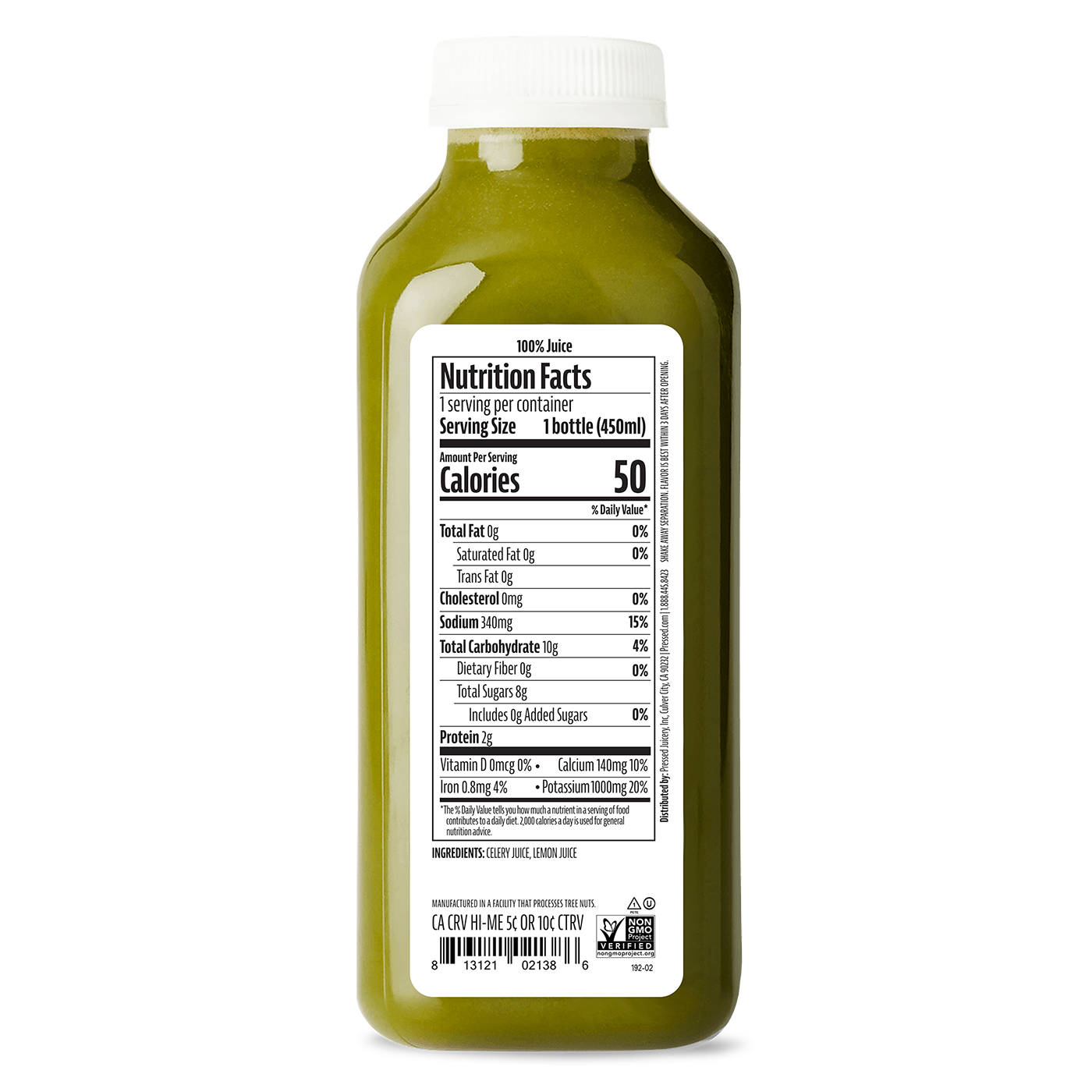 Bottle of juice with a nutrition facts label on a white background