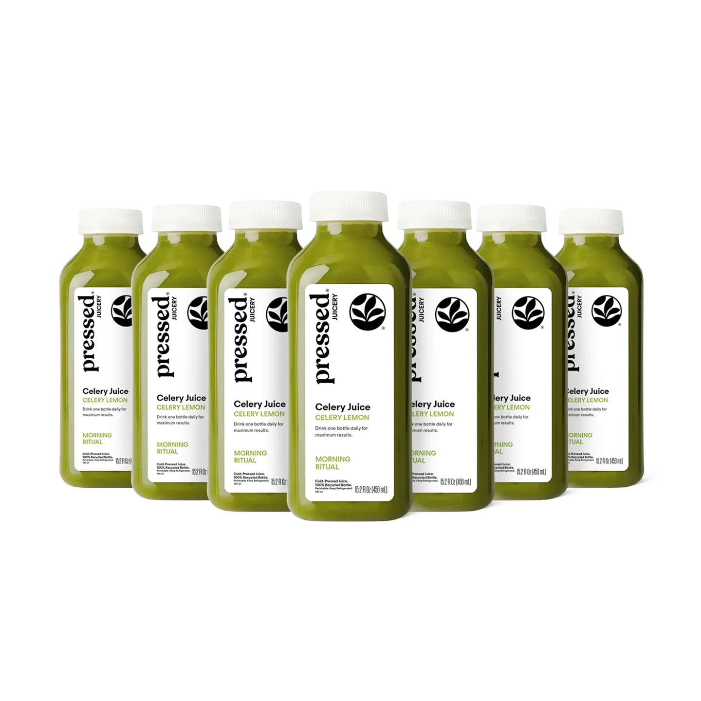 Six bottles of Pressed Juice celery juice in clear plastic bottles with white caps and white labels, arranged in a row against a white background.