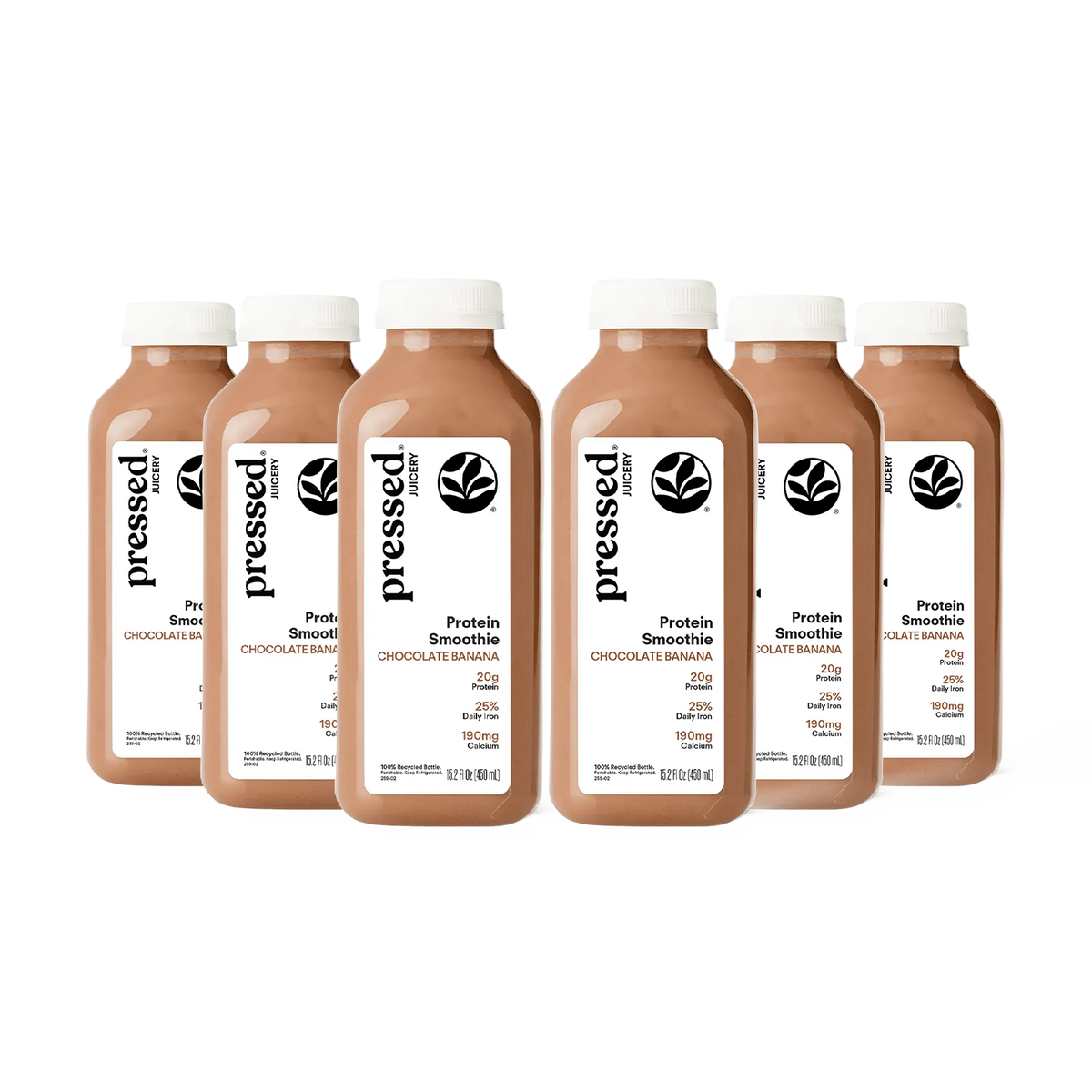 Six bottles of Pressed Protein Smoothie Chocolate Banana on a plain white background.