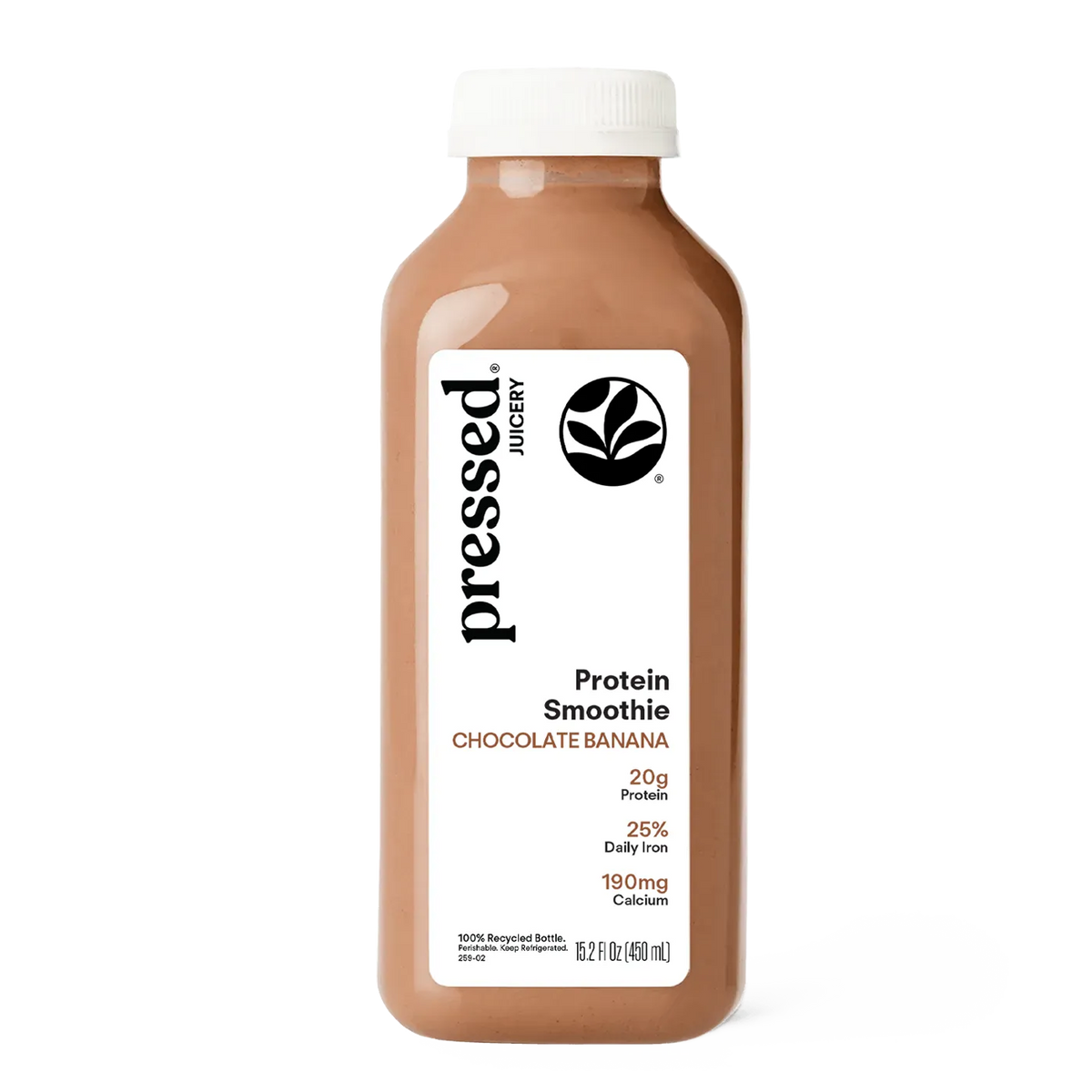 Bottle of pressed Juicery Protein Smoothie Chocolate Banana on a white background