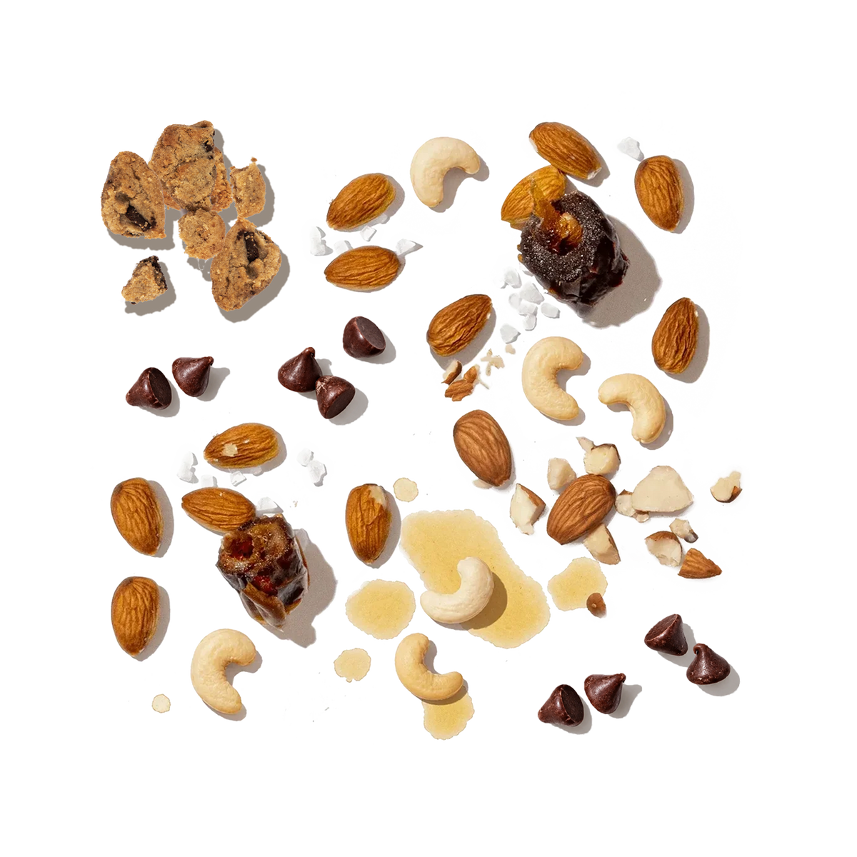Pressed Chocolate Chip Sundae ingredients with almonds, cashews, dates, chocolate chips and chocolate chip cookie crumble