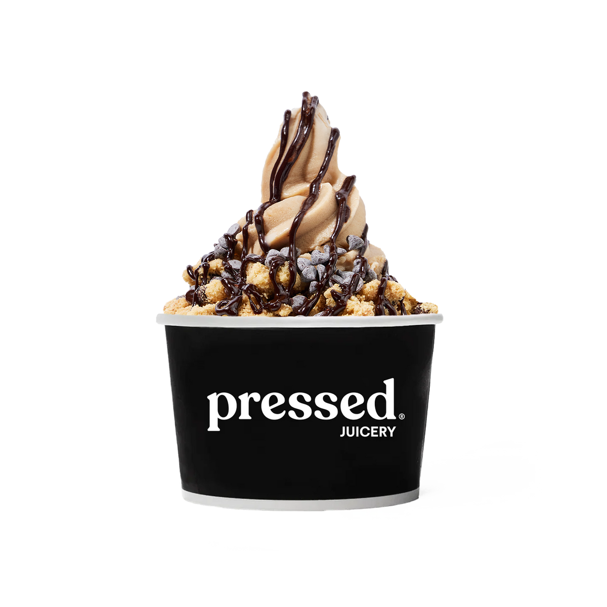 Pressed Juicery Chocolate Chip Sundae topped with chocolate chips, chocolate chip cookie crumble and cacao drizzle