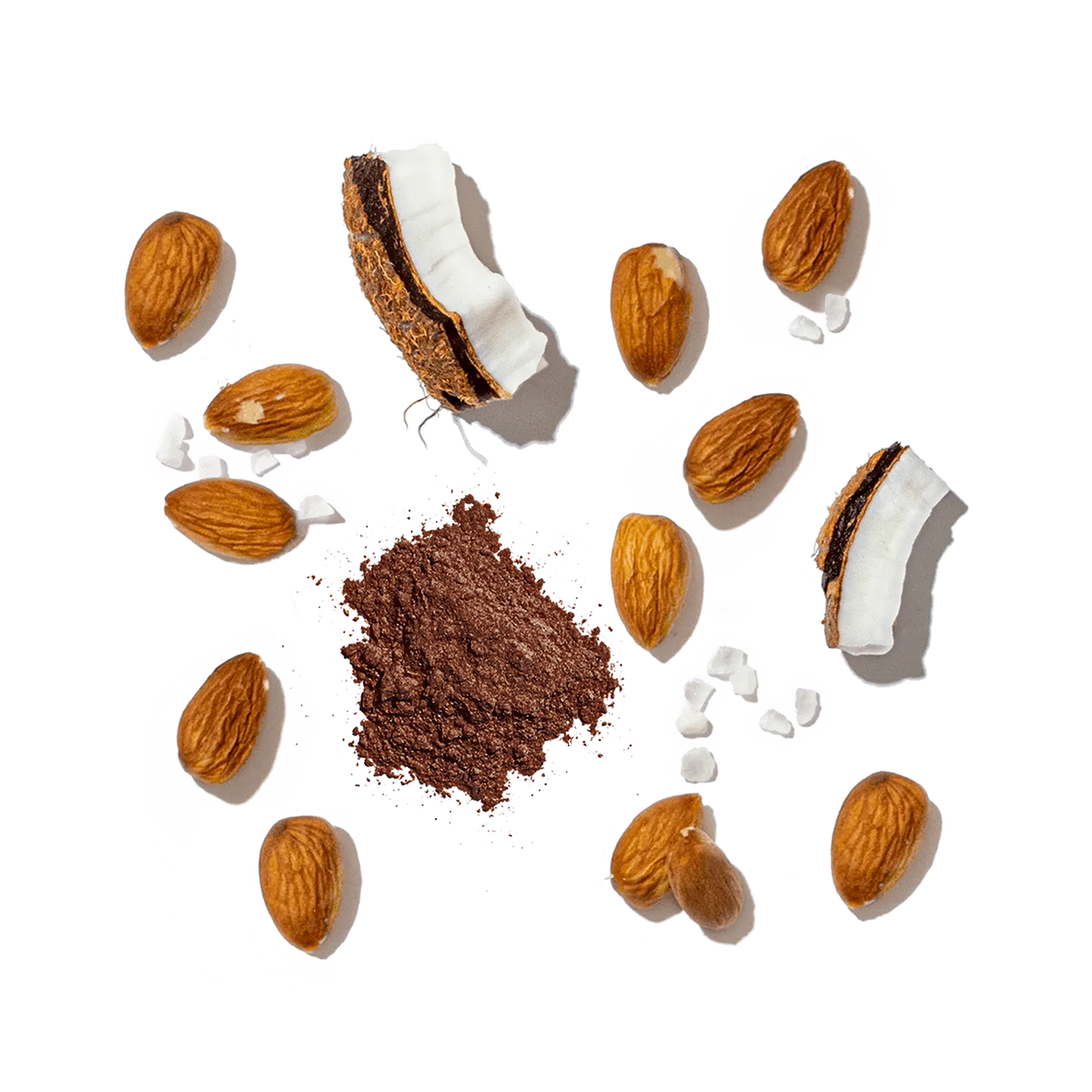 Cocoa powder with coconut and almonds on a white background