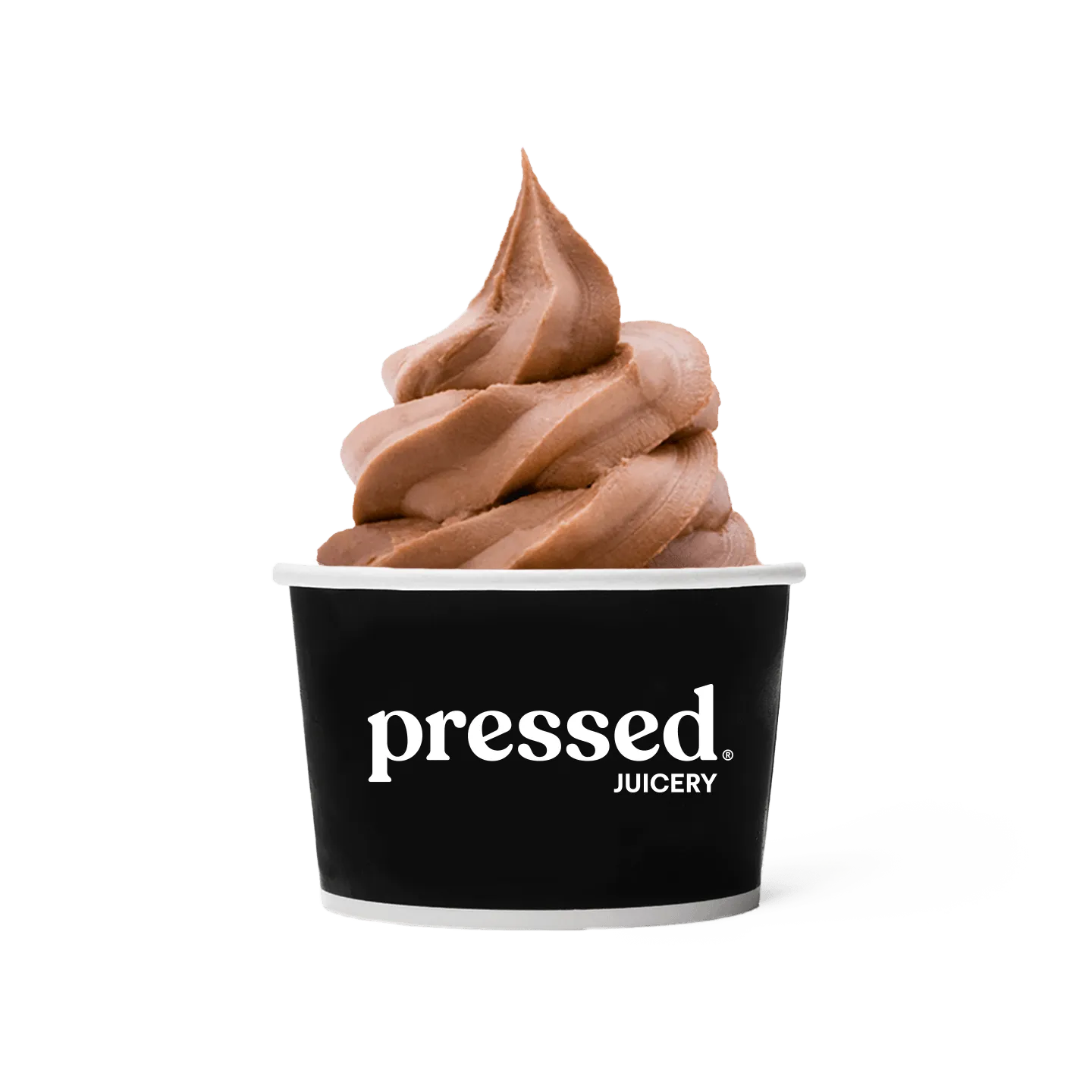 Pressed Juicery Chocolate Freeze in a black cup on a white background.