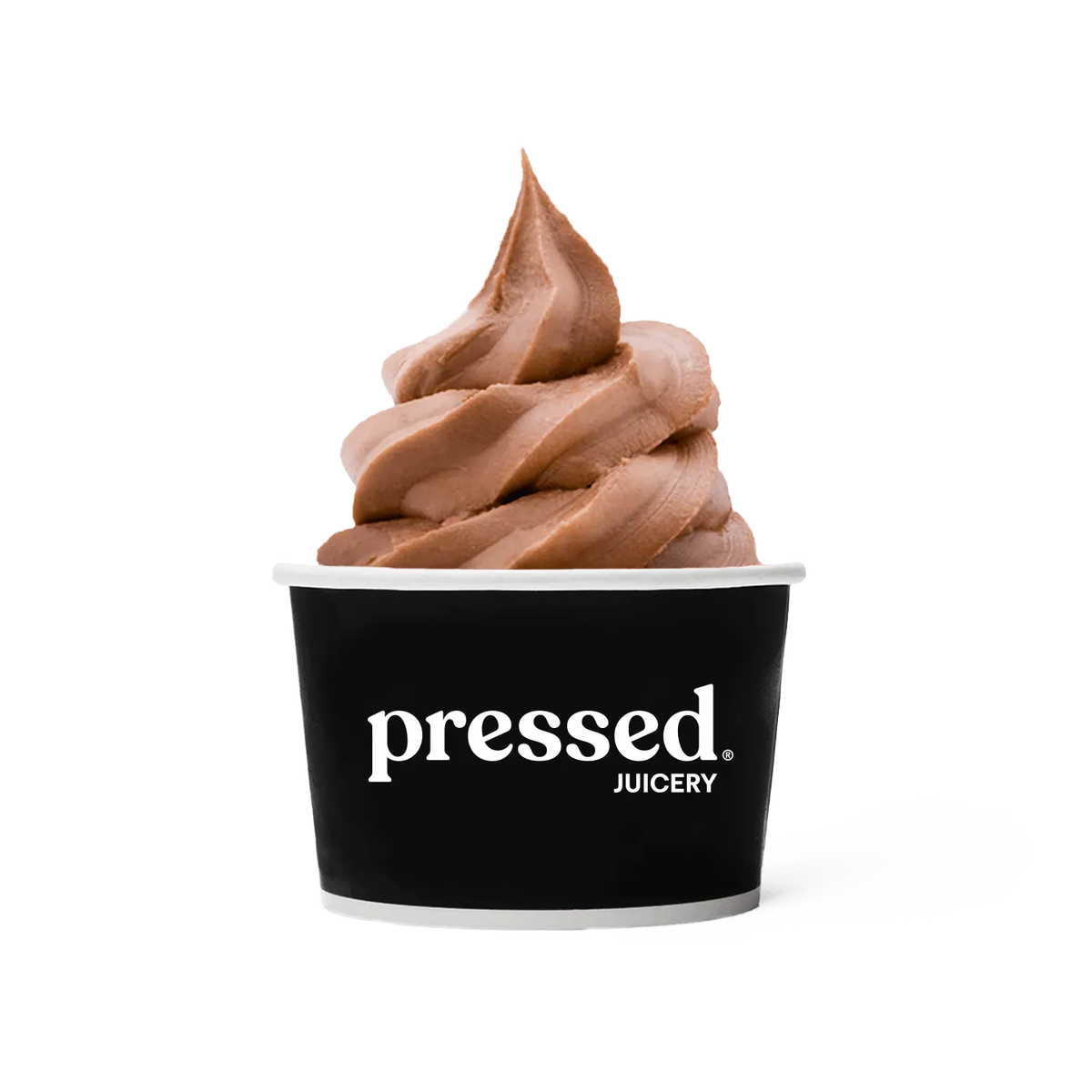 Pressed Juicery Chocolate Freeze in a black cup on a white background.