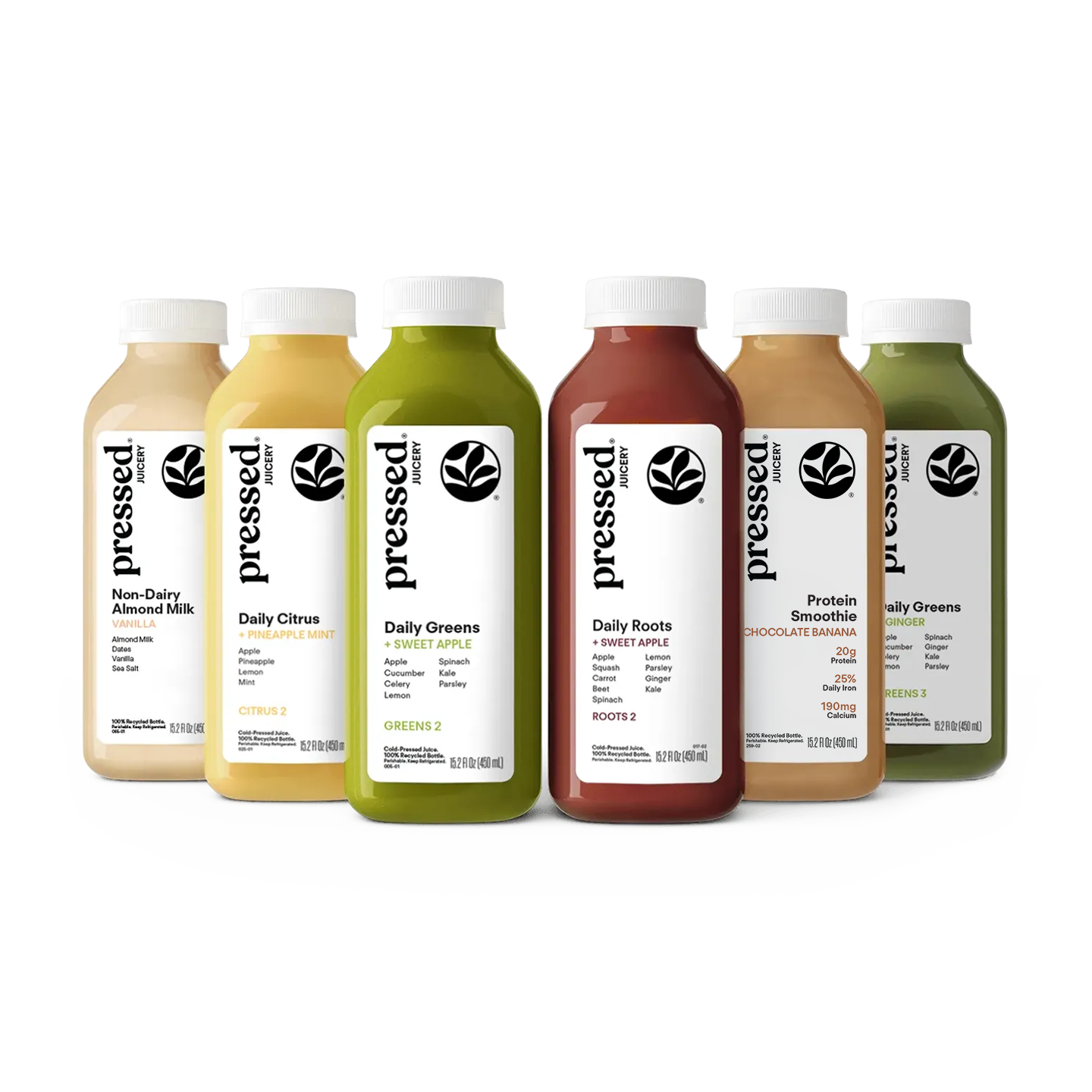 Six bottles of Pressed Foods juice and smoothie blends arranged in a row against a white background. The bottles contain different colored liquids: beige almond milk, yellow citrus, green apple, red apple, brown chocolate, and green smoothie.