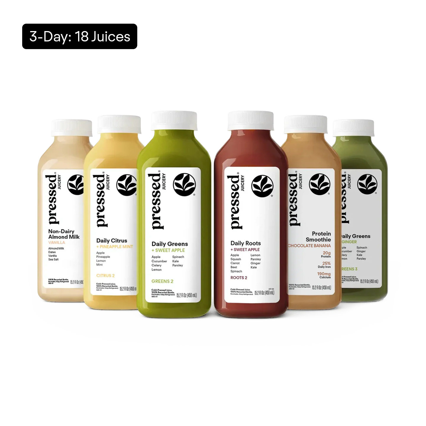 Six bottles of Pressed Foods juice arranged in a row on a white background, with a black label at the top reading '3-Day: 18 Juices.' The juices include beige, yellow, green, reddish-brown, tan, and dark green varieties.