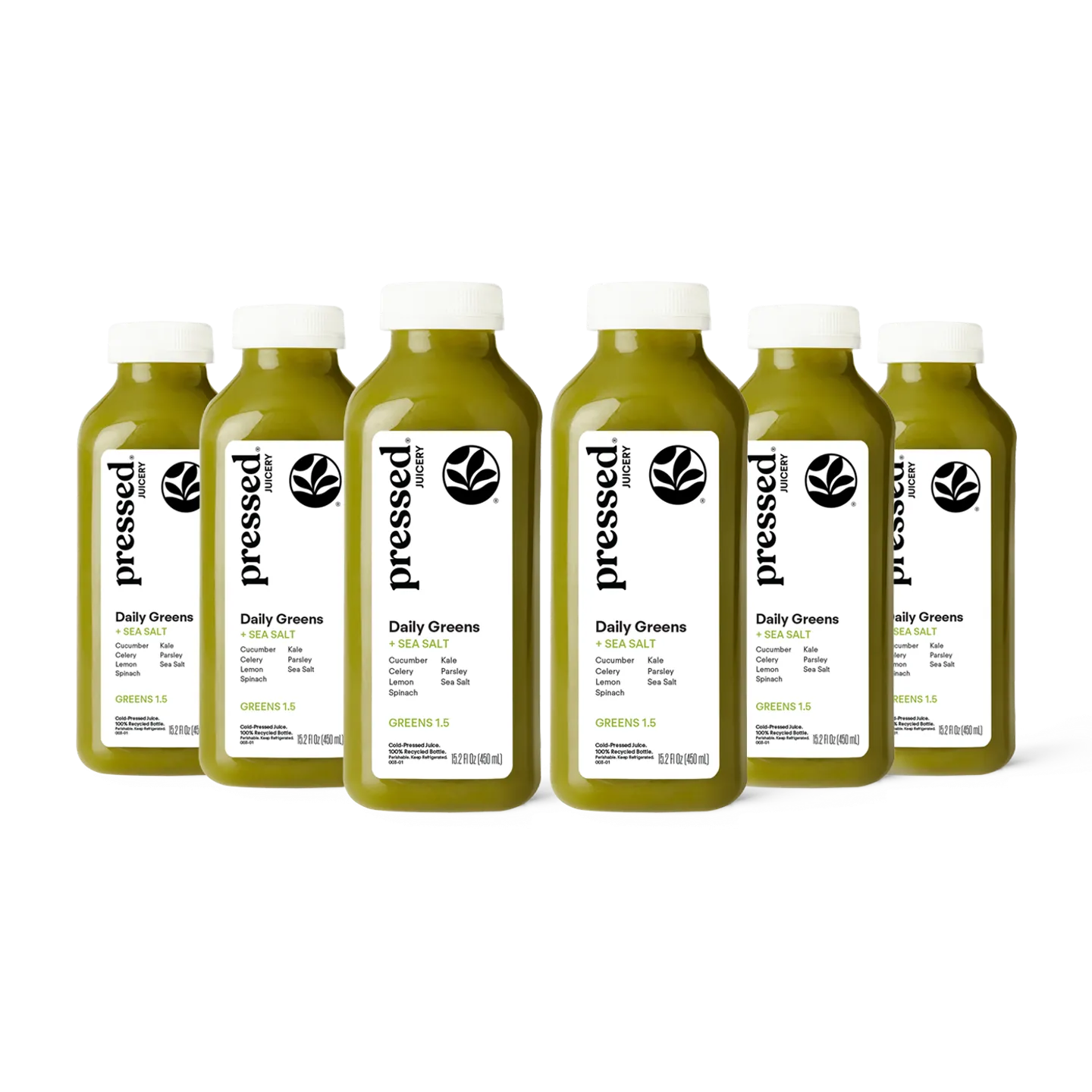 Six bottles of 'pressed' Daily Greens juice on a white background