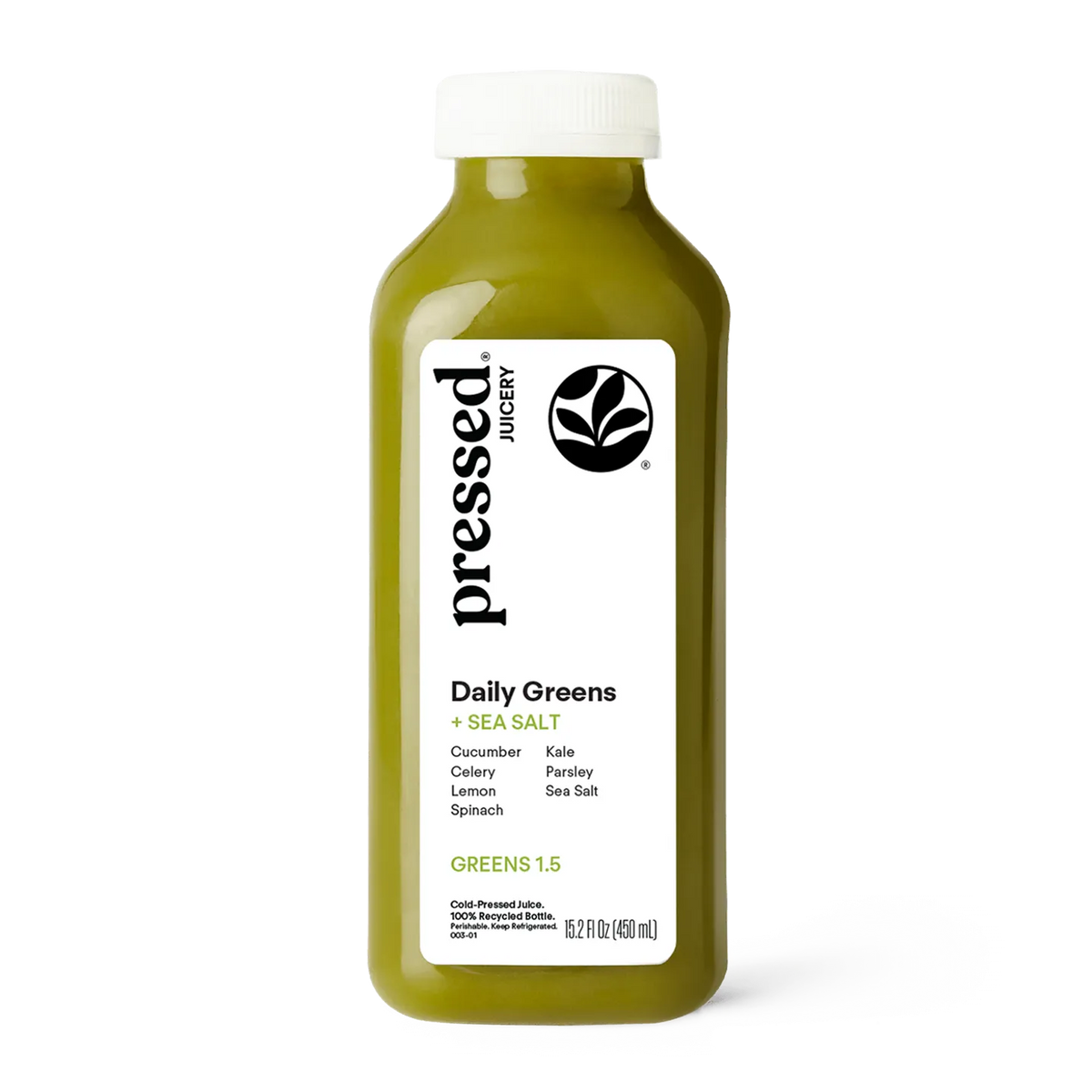 Bottle of 'pressed' Daily Greens juice with a white label on a white background