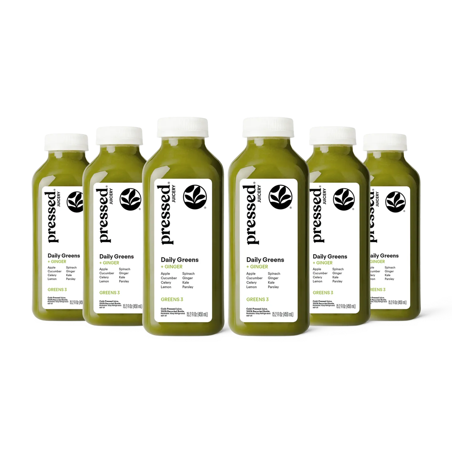 Six bottles of 'pressed' Daily Greens juice on a white background