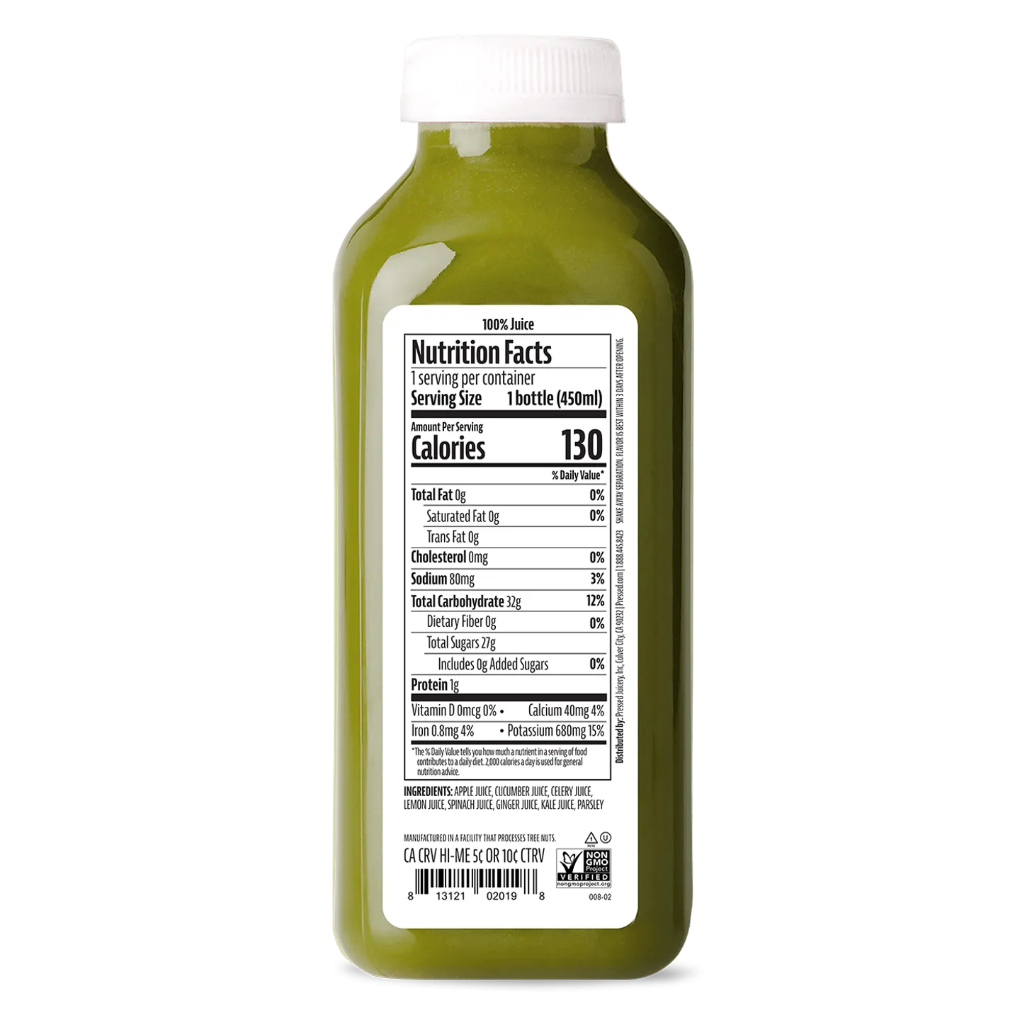 Bottle of green juice with a nutrition facts label on a white background