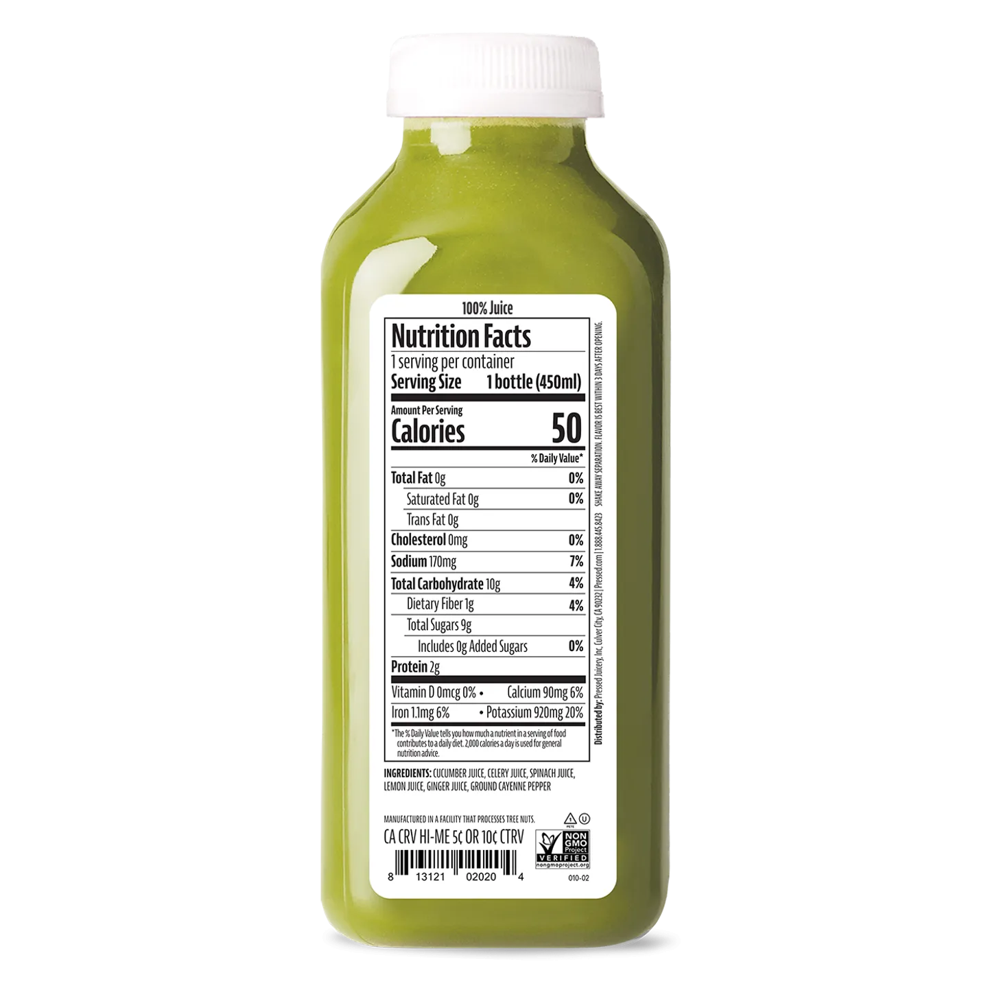 Green bottle with a nutrition facts label on a white background