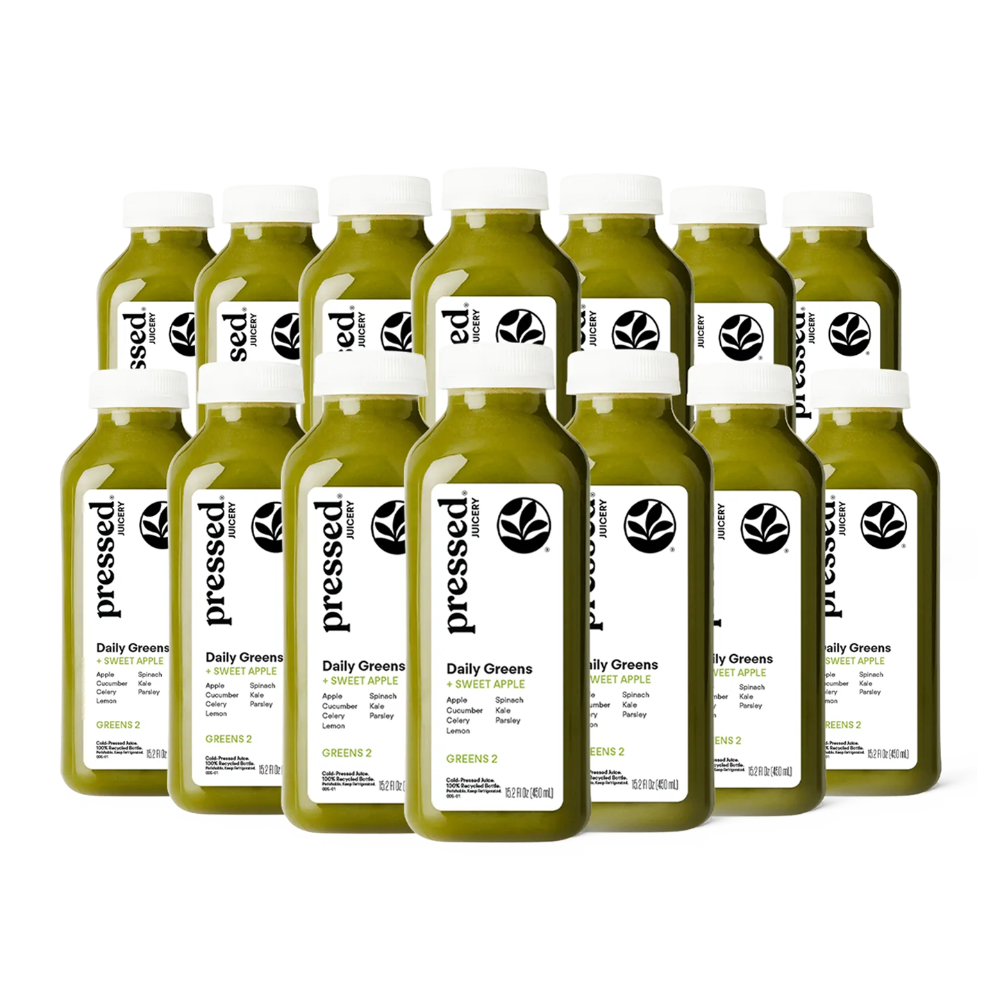 Pressed Juicery Daily Greens Juice Power Pack with Greens 2 and Greens 3 bottles on a white background.
