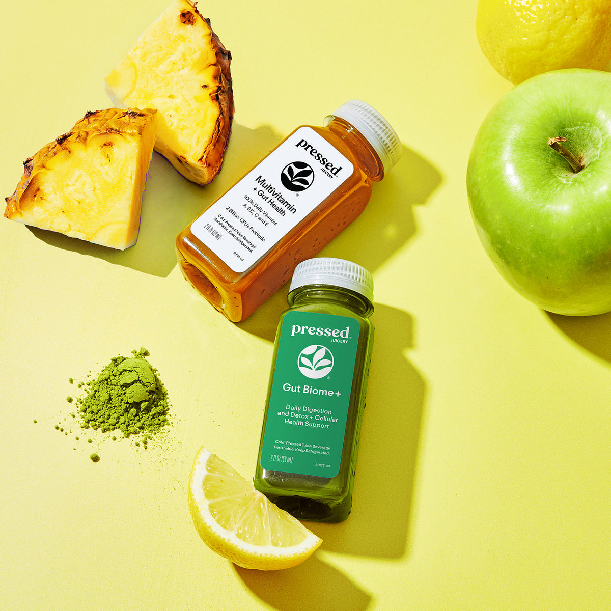 Pressed Multivitamin + Gut Health and Gut Biome+ wellness shots with pineapple, green apple, lemon and matcha