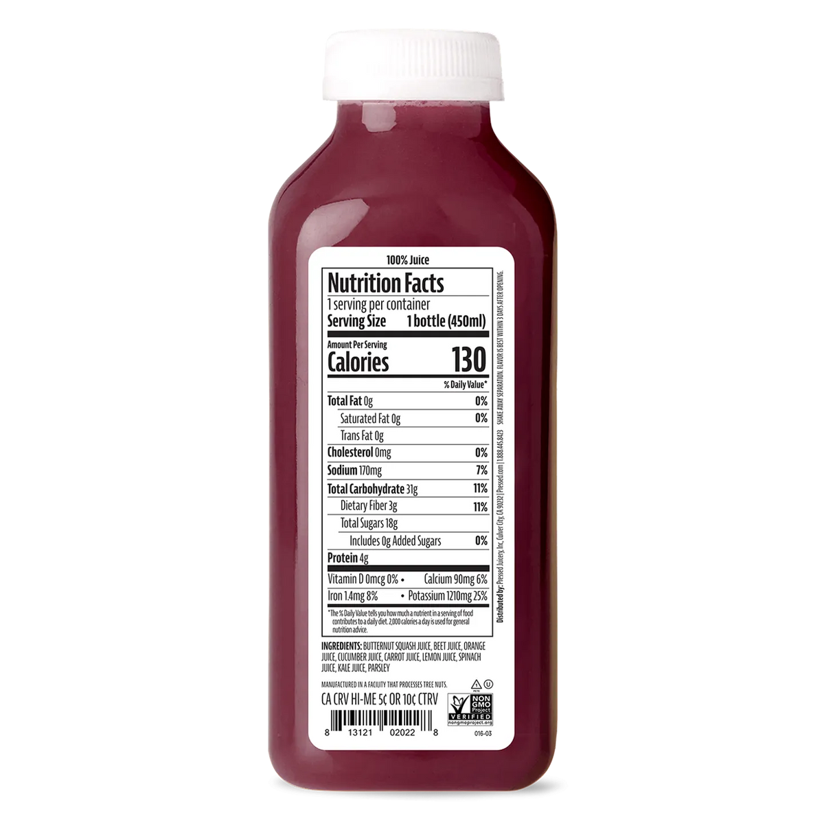 Bottle of juice with a nutrition facts label on a white background