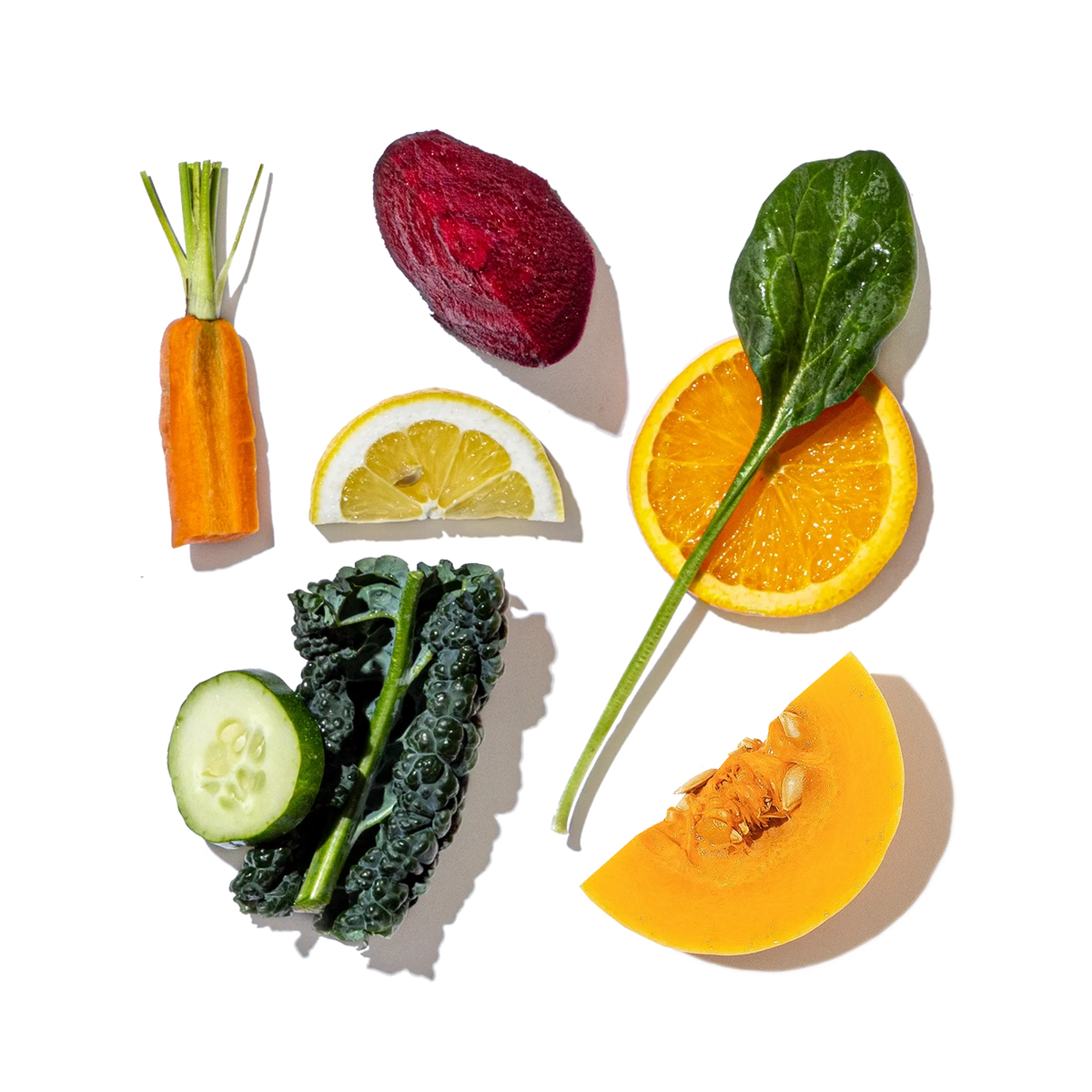 Illustration of various fruits and vegetables on a white background