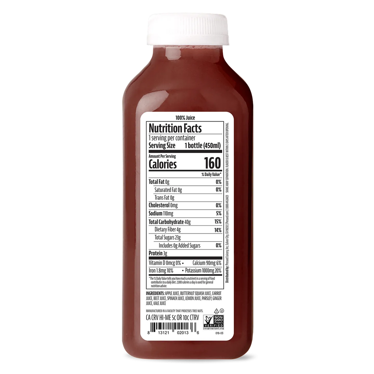 Bottle of juice with a nutrition facts label on a white background