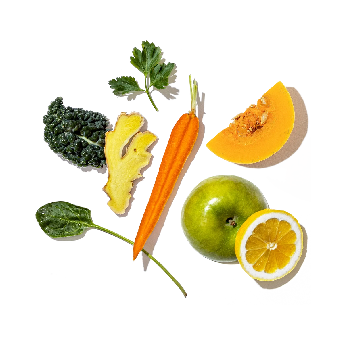 Collage of vegetables and fruits on a white background
