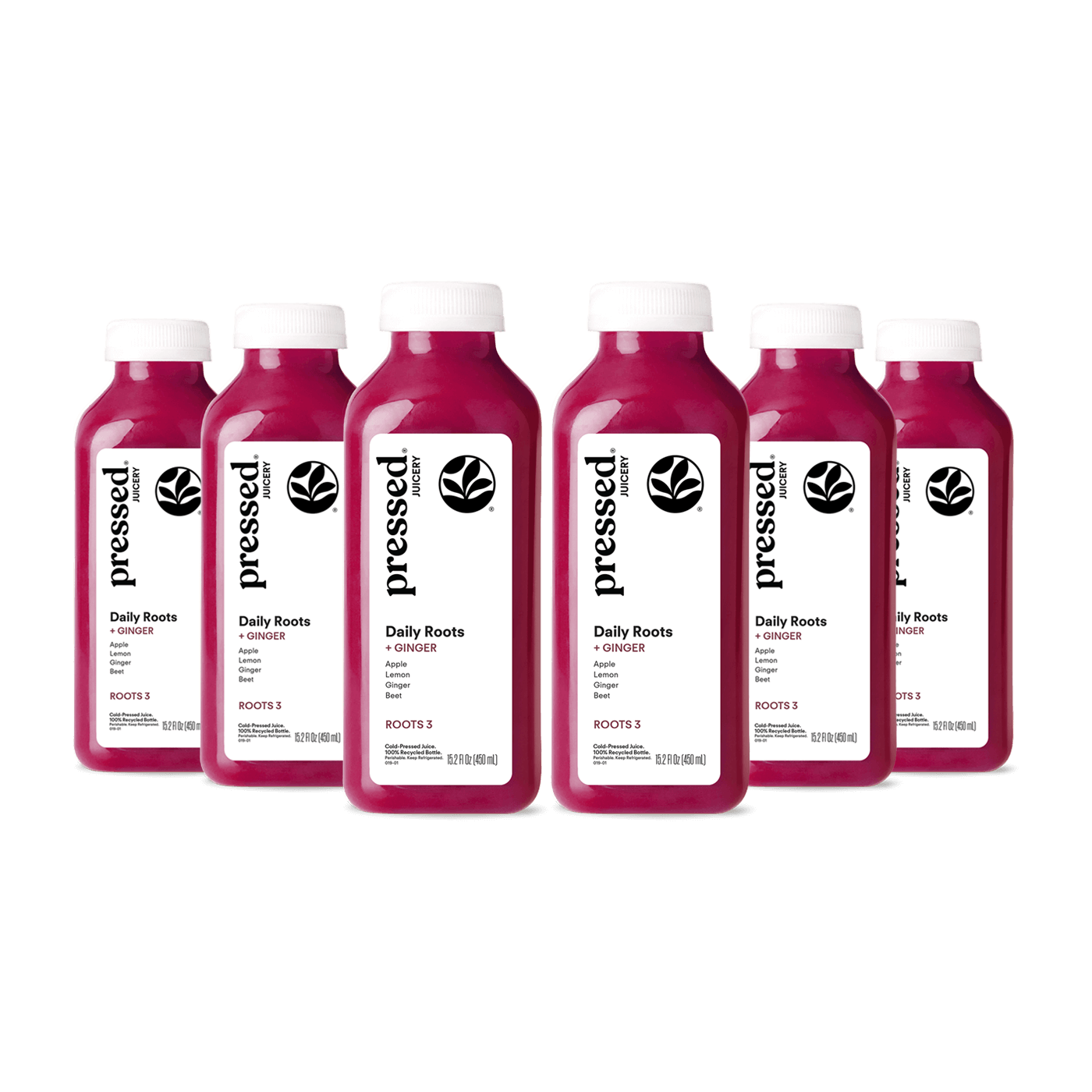Set of six 'pressed' brand juice bottles on a white background