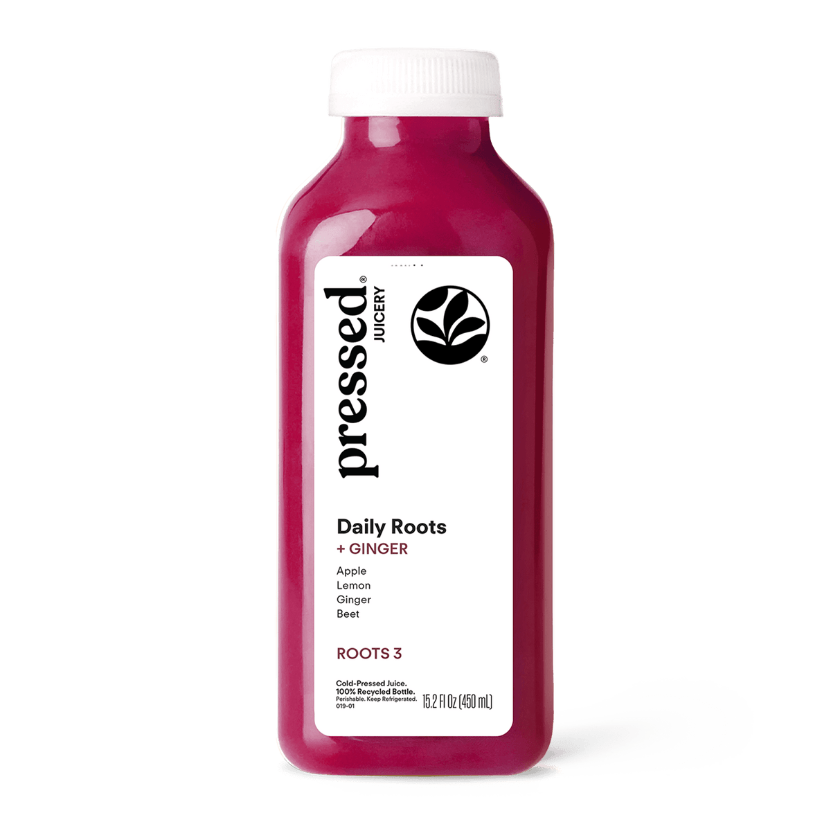 Bottle of 'pressed. juicery' Daily Roots + Ginger juice on a white background