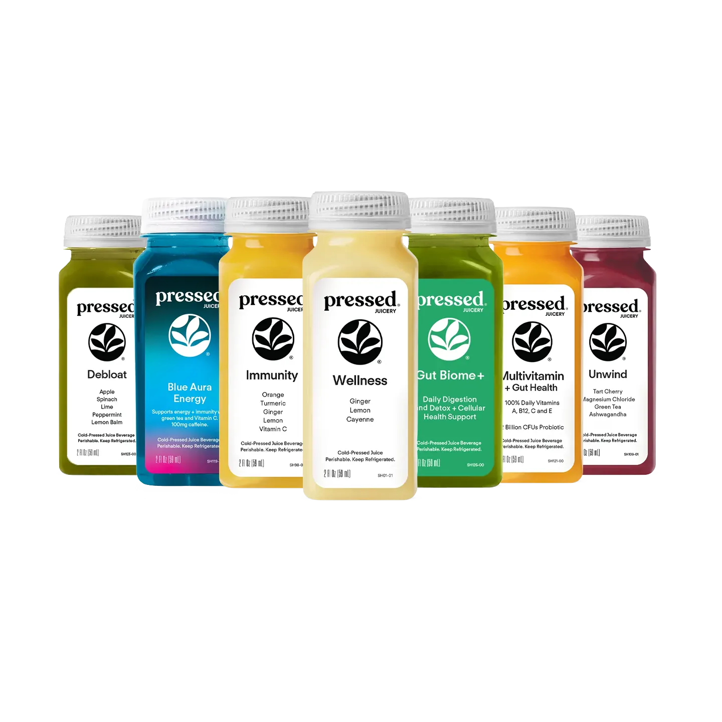 Pressed Juicery Daily Sampler Shot Pack with a variety of 7 wellness shots arranged on a white background.