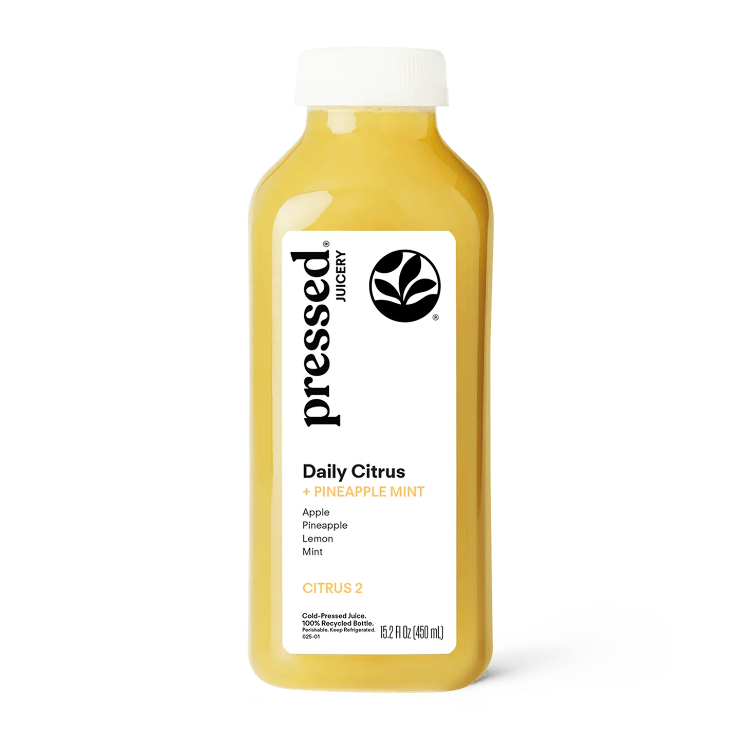 Bottle of 'pressed Juicery' Daily Citrus juice on a white background