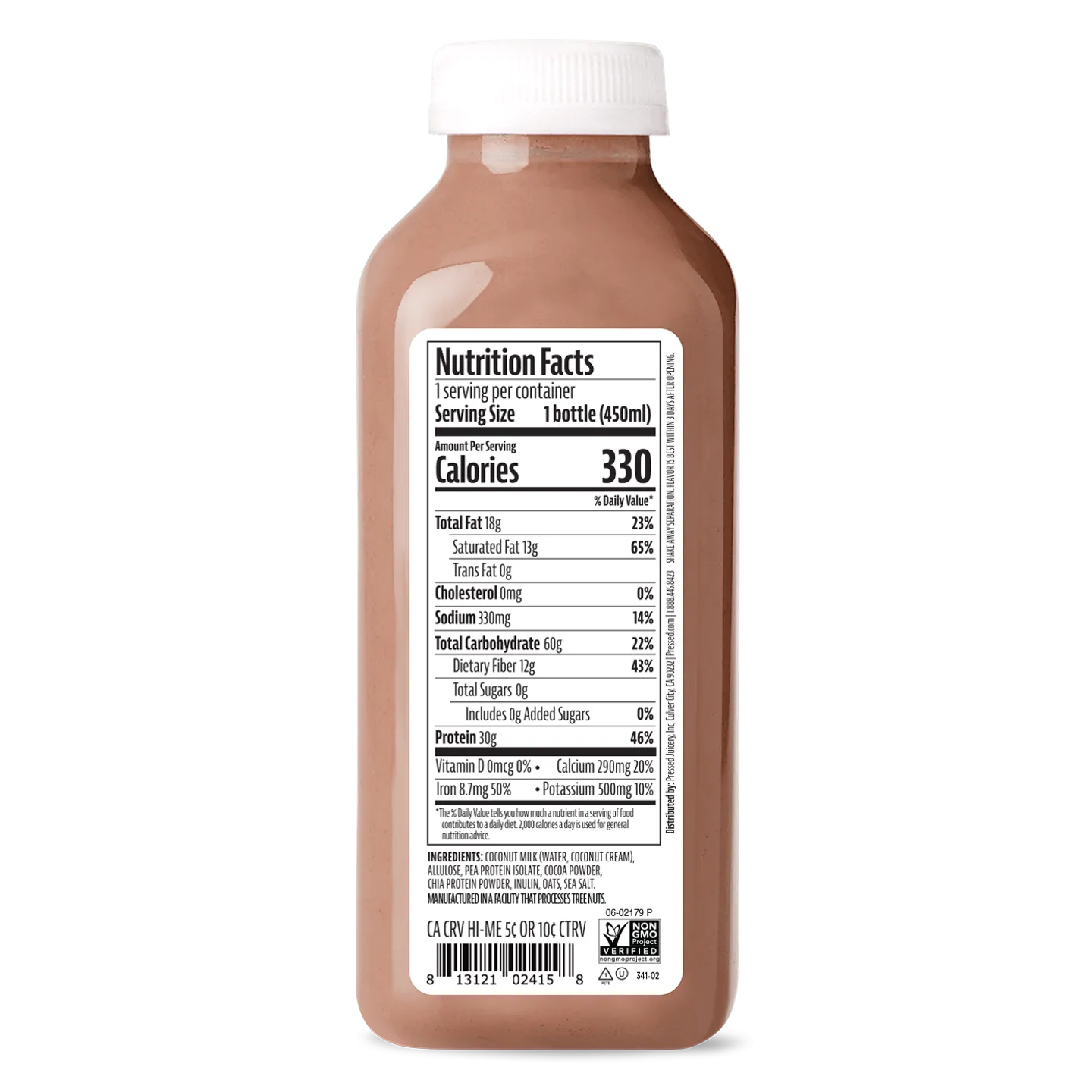 Bottle of chocolate milk with a nutrition facts label on a white background