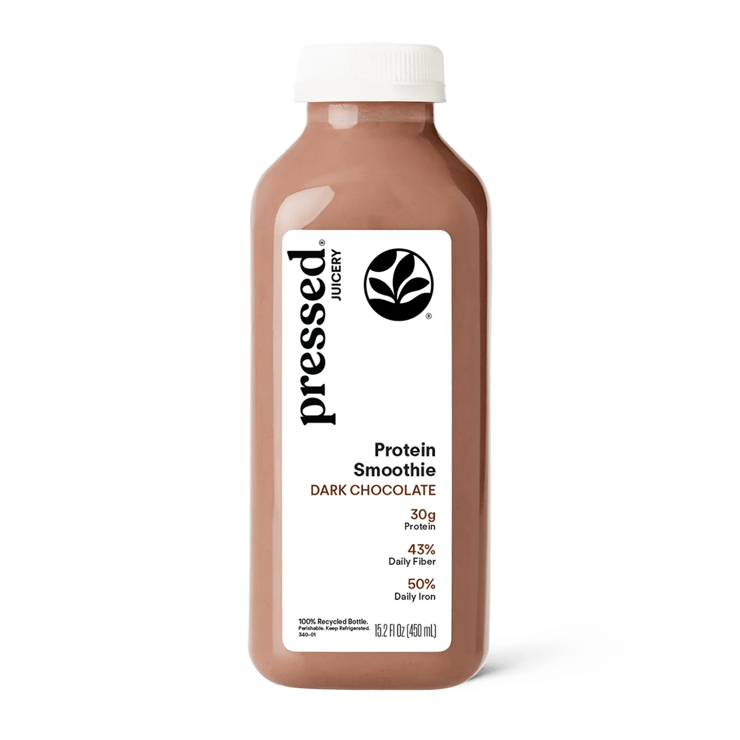 Bottle of pressed Juicery Protein Smoothie Dark Chocolate on a white background