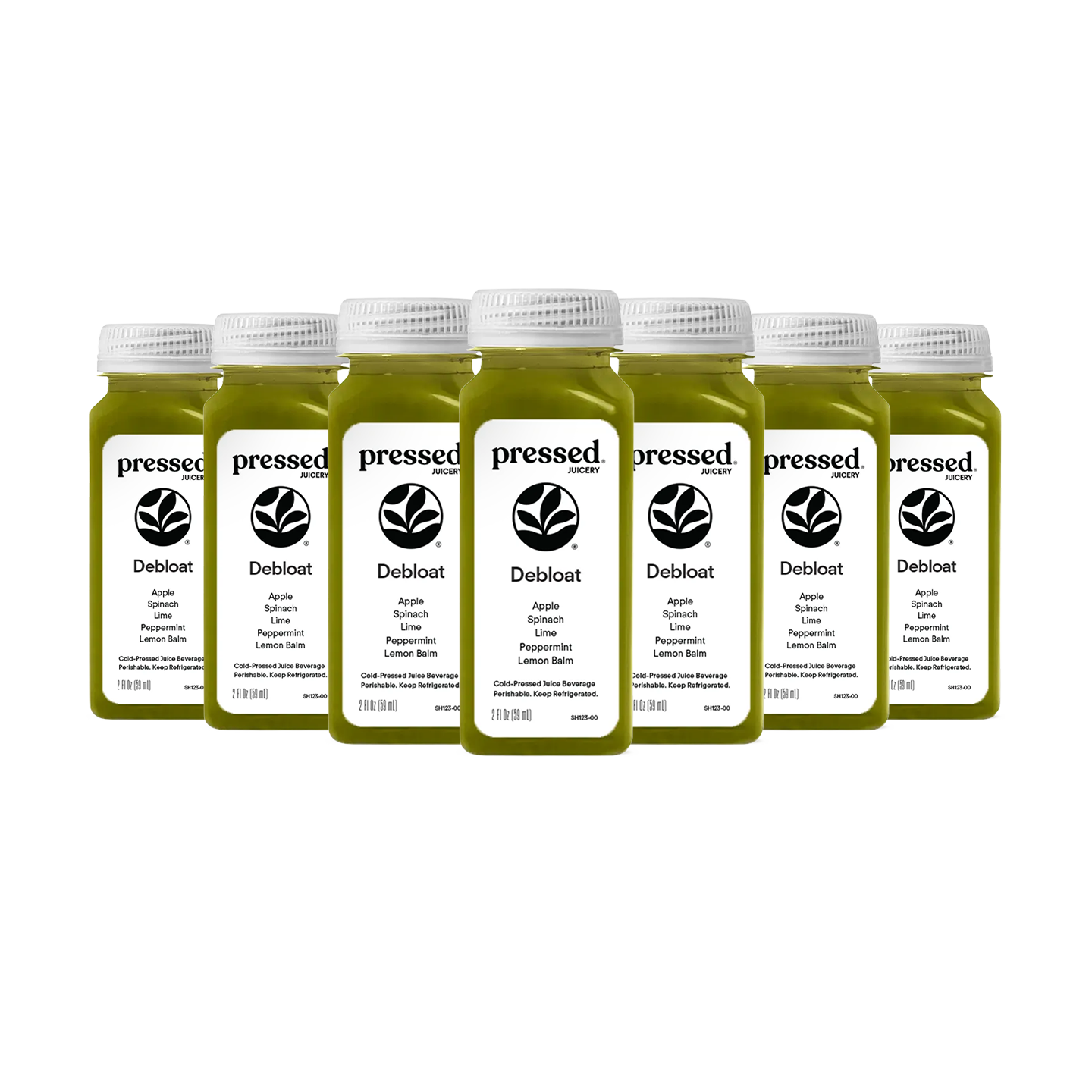 Six bottles of Pressed Herb & Co. Debloat Apple Lemon Balm juice arranged in a row against a solid white background.