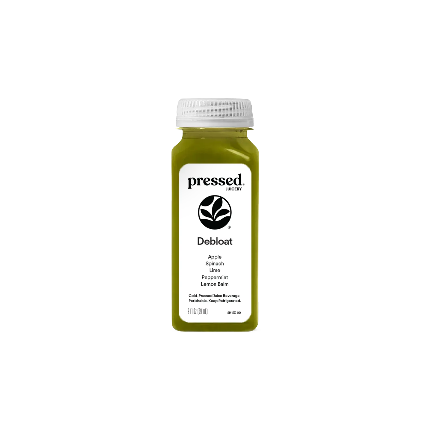 A bottle of Pressed Naturals Debloat cold and flu remedy, featuring a white label and cap with green liquid inside, on a solid white background.