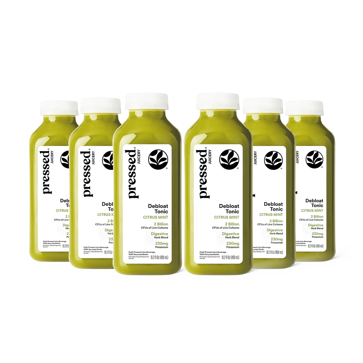 Lineup of 6 Debloat Tonic Juices on a white background