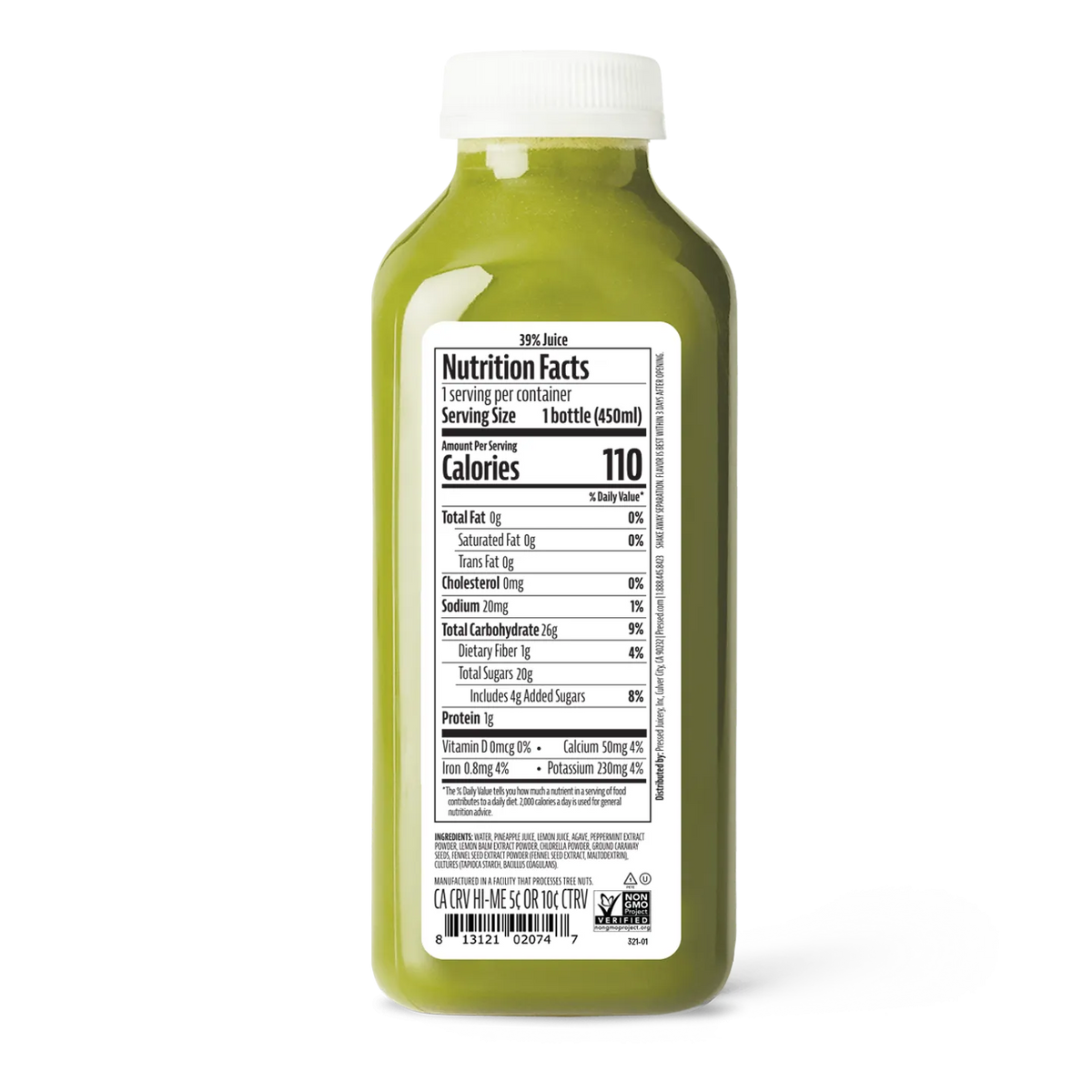 Bottle of juice with a nutrition facts label on a white background