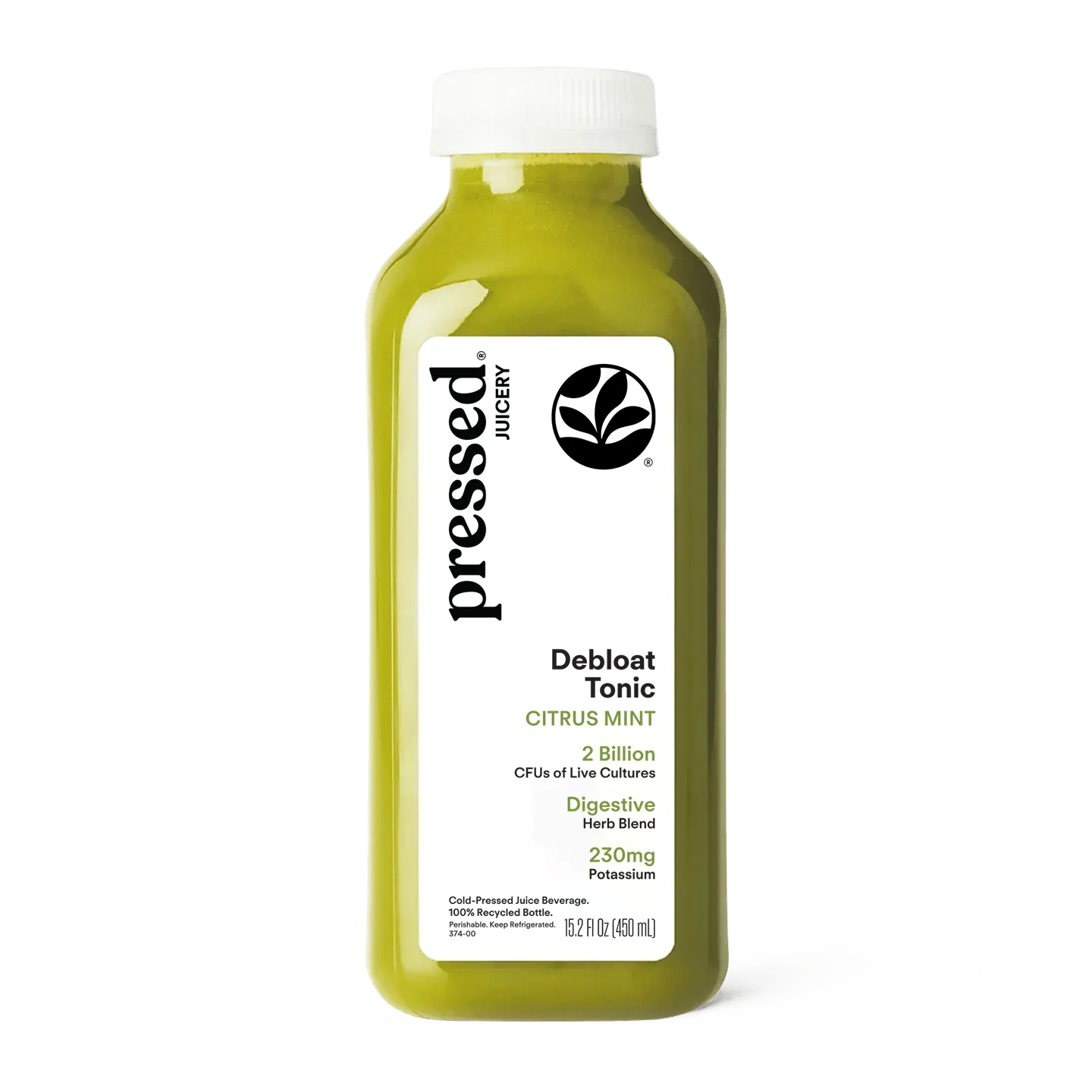 Bottle of 'pressed' Juicery Deboalt Tonic Citrus Mint on a white background