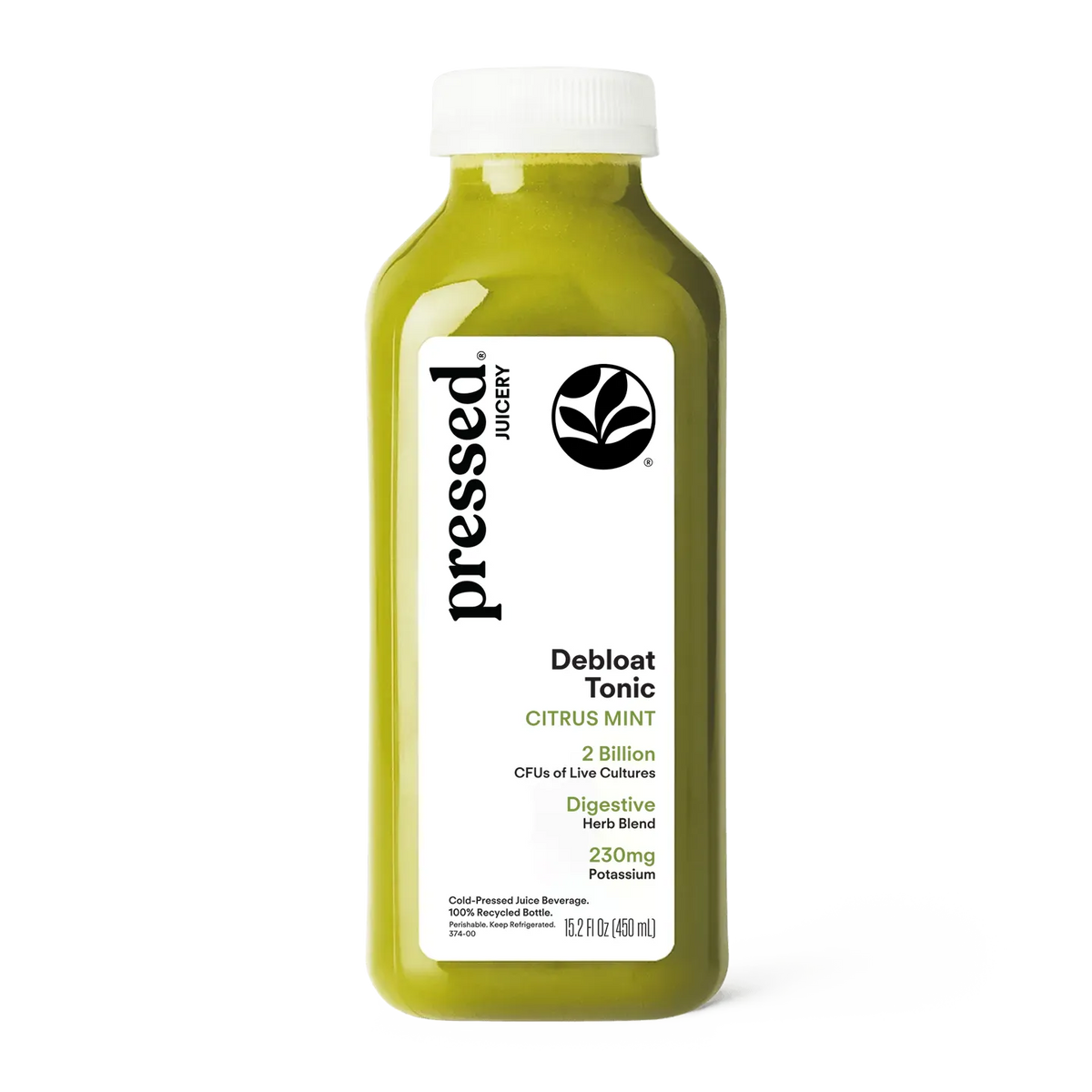 Pressed Juicery Debloat Tonic: Citrus Mint on a white background.