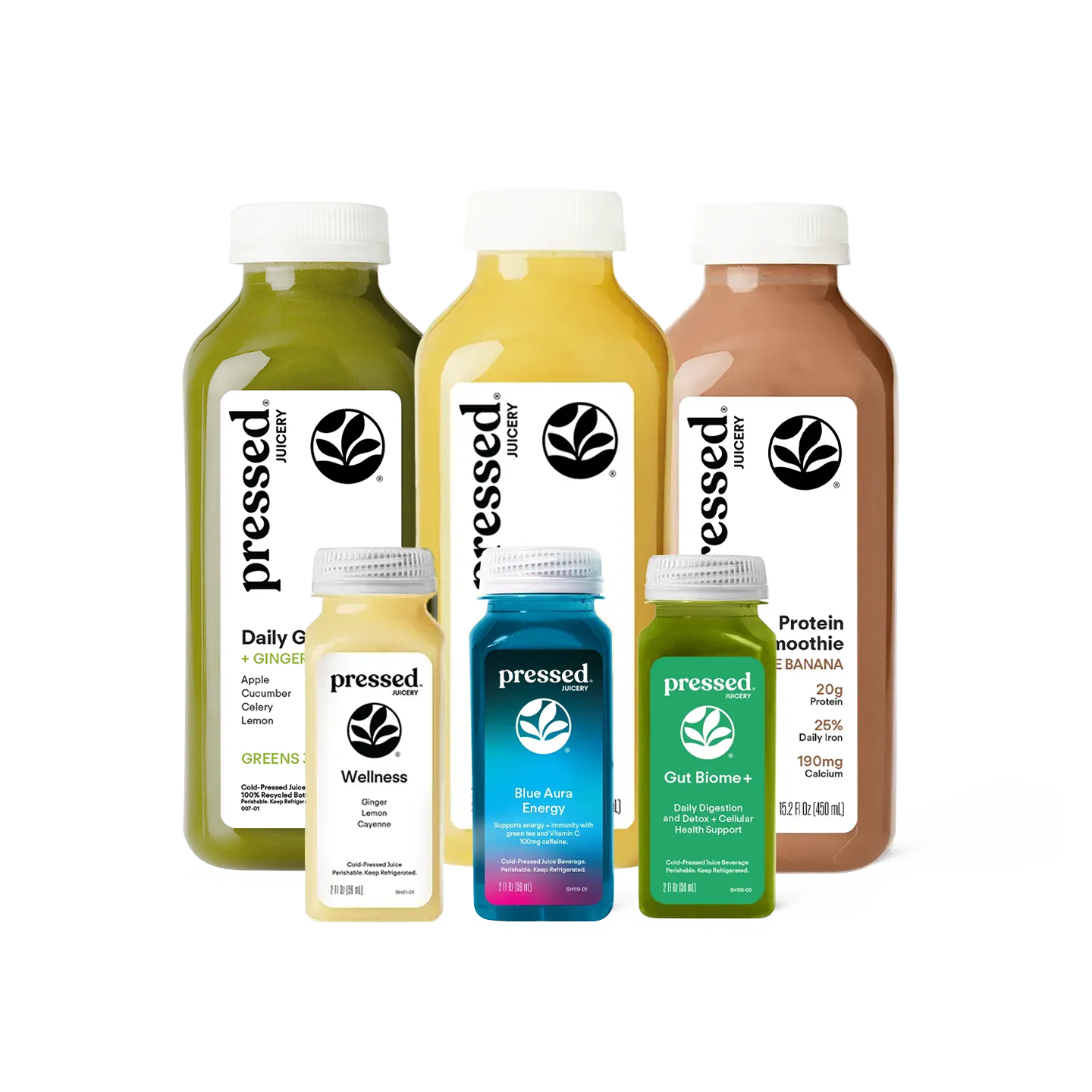 A set of five Pressed Juice bottles in various colors (green, yellow, brown, light yellow, and blue) arranged on a plain white background.