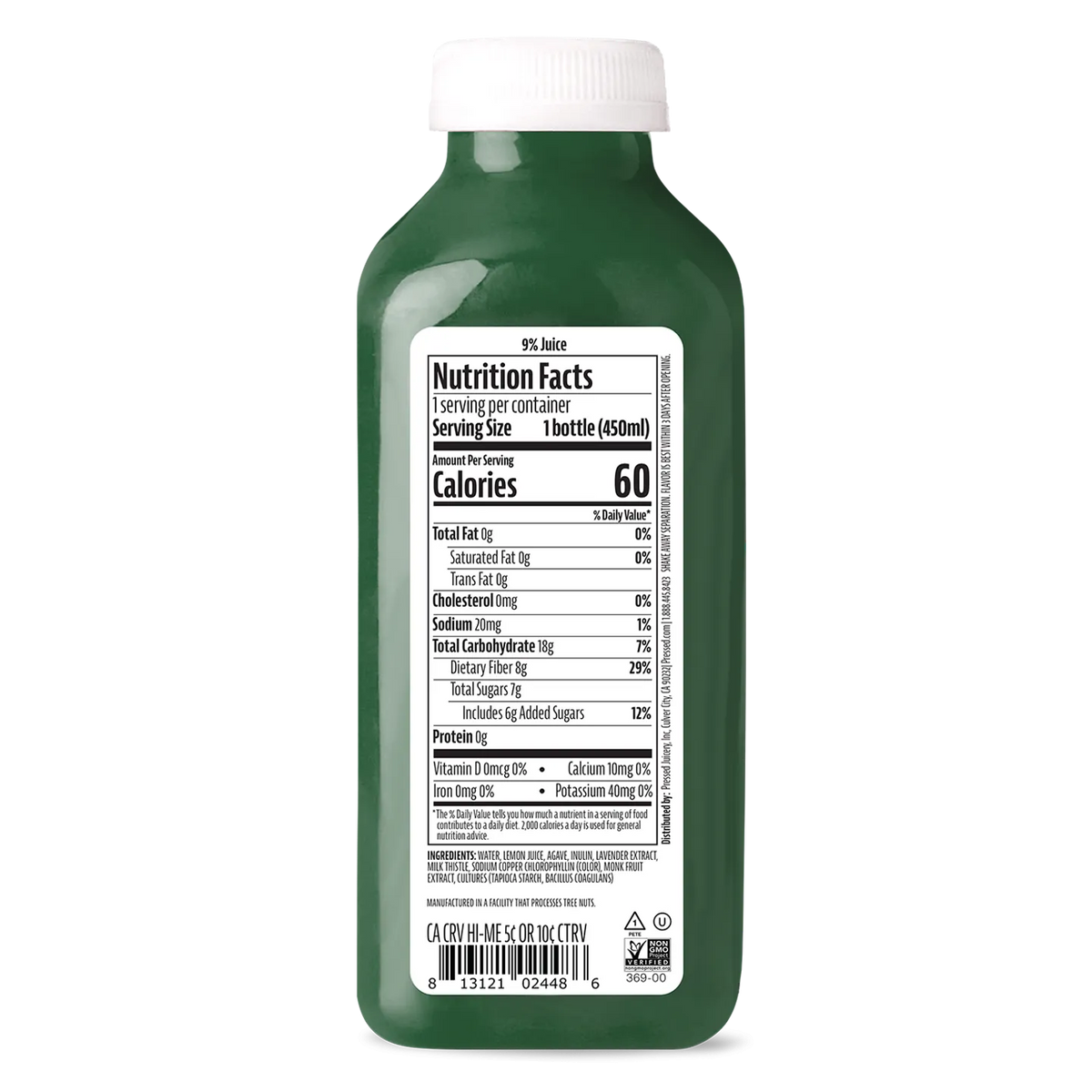 Green bottle with nutrition facts label on a white background