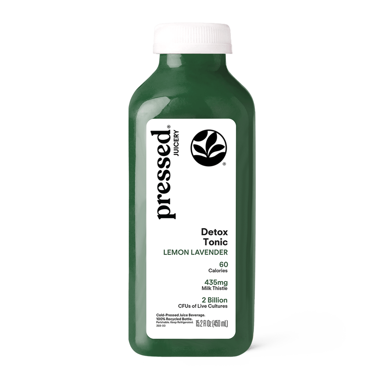 Bottle of 'pressed. Juicery' Detox Tonic Lemon Lavender on a white background