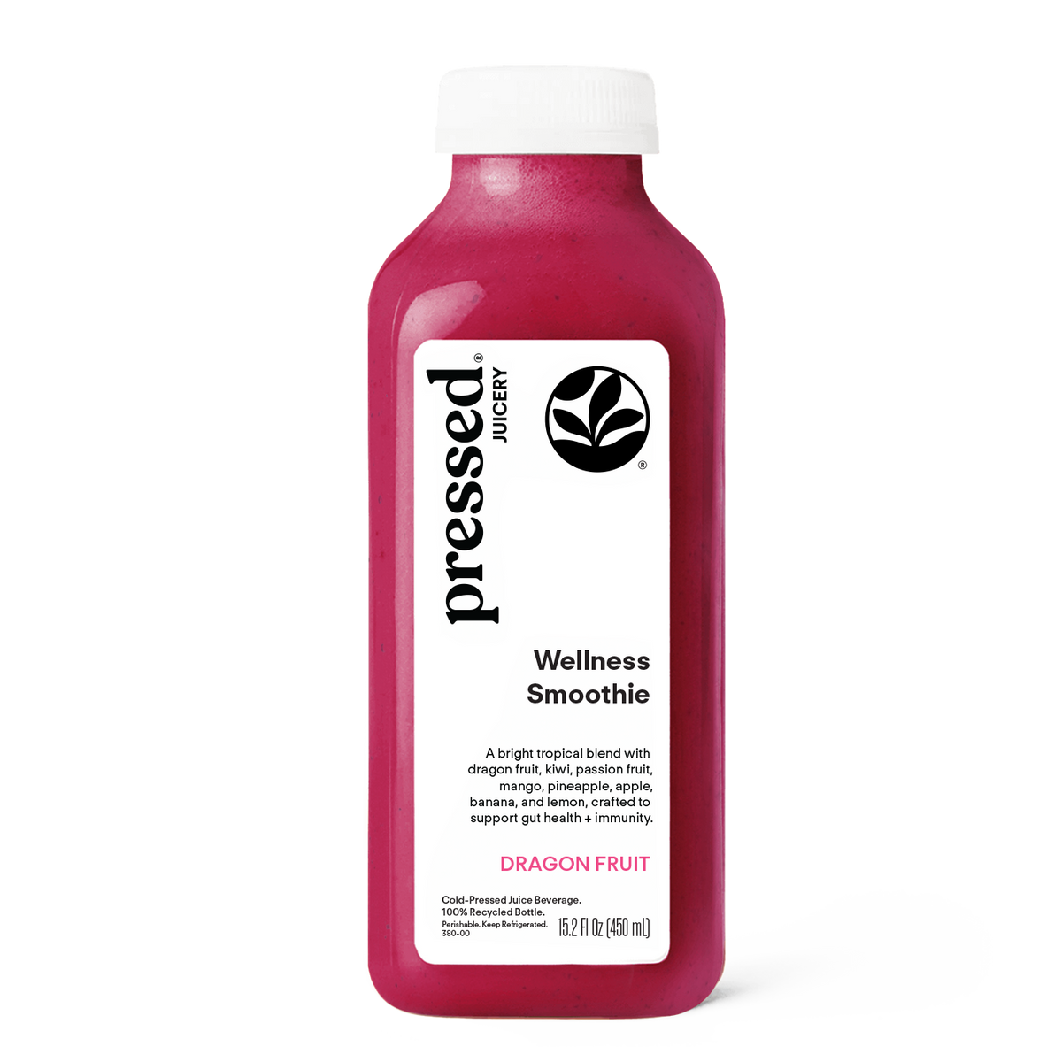 Pressed Juicery Dragon Fruit Wellness Smoothie bottle with dragon fruit, kiwi, passion fruit, mango, pineapple, apple, banana and lemon
